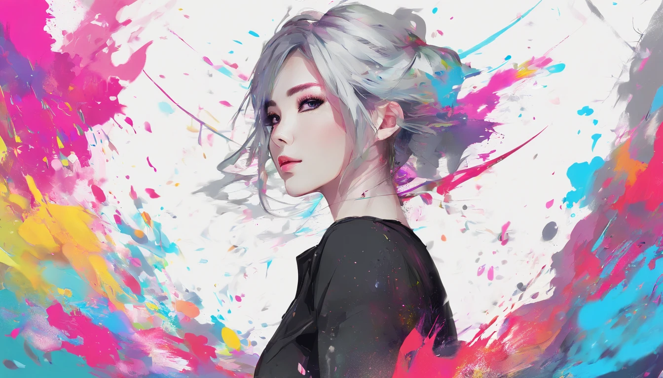 (Masterpiece, Best Quality, High Resolution), White Background, ((Paint Splash, Color Splash, Splash of Ink, Color Splash)), Sweet Chinese Girl, Rainbow Hair, Pink Lips, Front, Upper Body