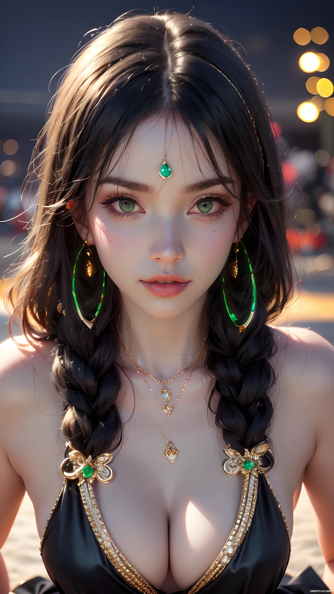 1 beautiful young princess, ((beautiful princess no longer a :1.8)), ((wearing a black armored dress with gold trim in ancient hanfu style:1.6)), (((Exquisite patterns on the skirt:1.6))), ((braided hair with long black bangs: 1.6)), ((long bangs:1.6)), ((hair jewelry:1.9)), ((upper body gold jewelry:1.9)), ((Very delicate gold necklaces:1.7)), ((earrings with emeralds:0.8)), noble, noble style of an extremely beautiful girl, super cute little face, very pretty face, fur thin eyebrows, flawless beautiful face, ((black eye pupils: 0.8)), very beautiful eyes, ((green eyes eyes: 1.6)), beautiful makeup and detailed hairdo, eyelashes, eye makeup wet, high nose, earrings, red lips, ((closed mouth: 1;5 )) beautiful lips, slim hands, ((arms spread out to the sides: 1.7)), rosy face, clean face, flawless beautiful face, smooth white skin, firm breasts, nice cleavage, ((super big and round breasts: 1.6)), beautiful breasts, perfect body, ((Sit back and puff out your chest, arms behind you:1.6)), 8k photos, super high quality, super realistic, super 10x pixels, optical, bright studio, bright edges, two-tone lighting, (high detail skin:1.2), super 8k, soft lighting , high quality, volumetric light, optical, optical high resolution, light, best photo, 4k, 8k quality, blur effect, smooth sharpness, 10 x pixels, ((beach at night background:1.5)), aurora, lightning, super realistic graphics, most realistic graphics, alone, solo, Extremely sharp, surreal images, (((frontal portrait: 1.3)))."