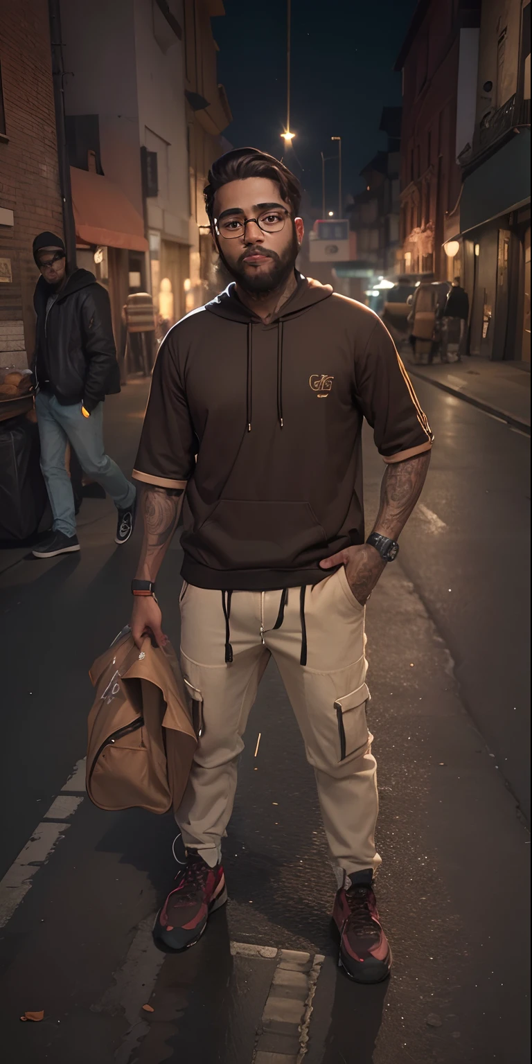 young guy with small beard with glasses, stand on street, wear hoody, headphone, tattoo on his neck, hyper realistic, Brown eyes, brown skin tone, 8k