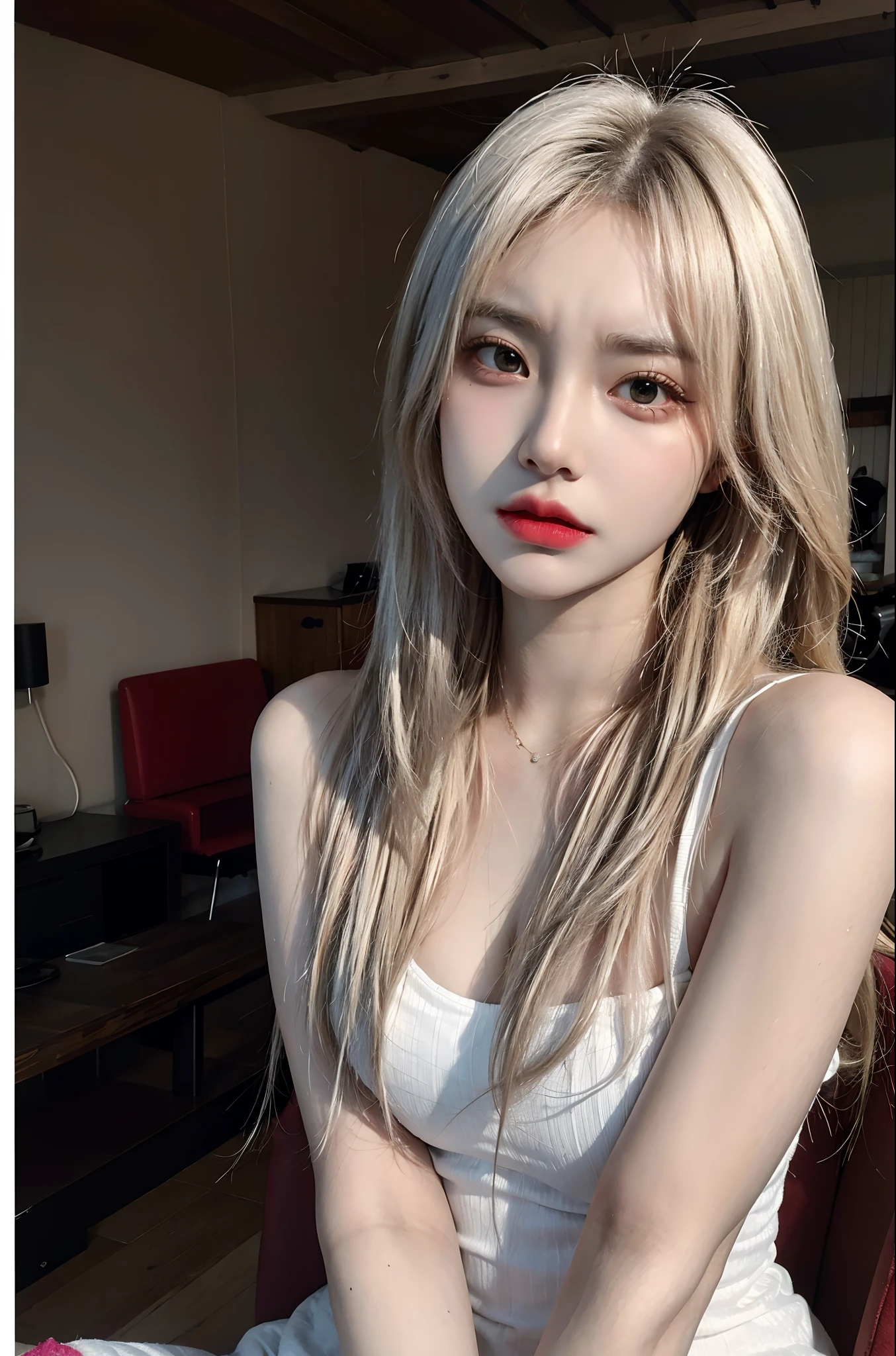 Best quality,masterpiece,ultra high res,photorealistic,raw photo,unity 8k wallpaper,vivid color,dynamic pose,fashion,living room,upper body,warm tone,
1girl,elegant,lazy,(white hair:1.2),(angry, frown, :t:1.2), open mouth,