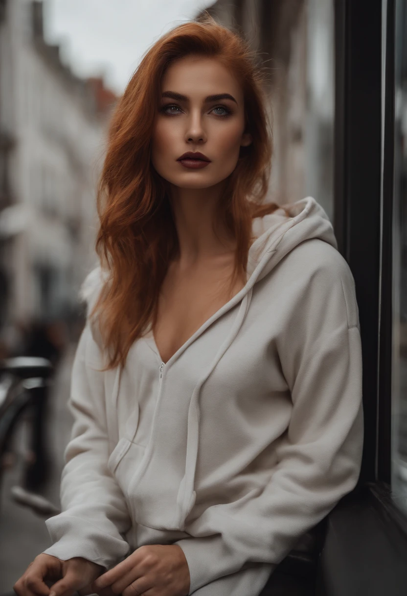 1 fille, cheveux roux, Coiffure Updo, strands of hair on the face, yeux rouges, mascara, oversize hoodie, taille, pantalons chauds, collants, laced tights, poches sous les yeux, assis, coffee shop, Prise de vue au sol, spectateur levant les yeux, les pieds en collants,  Sagged, Chocs, Photographie RAW, 8k, шедевр,