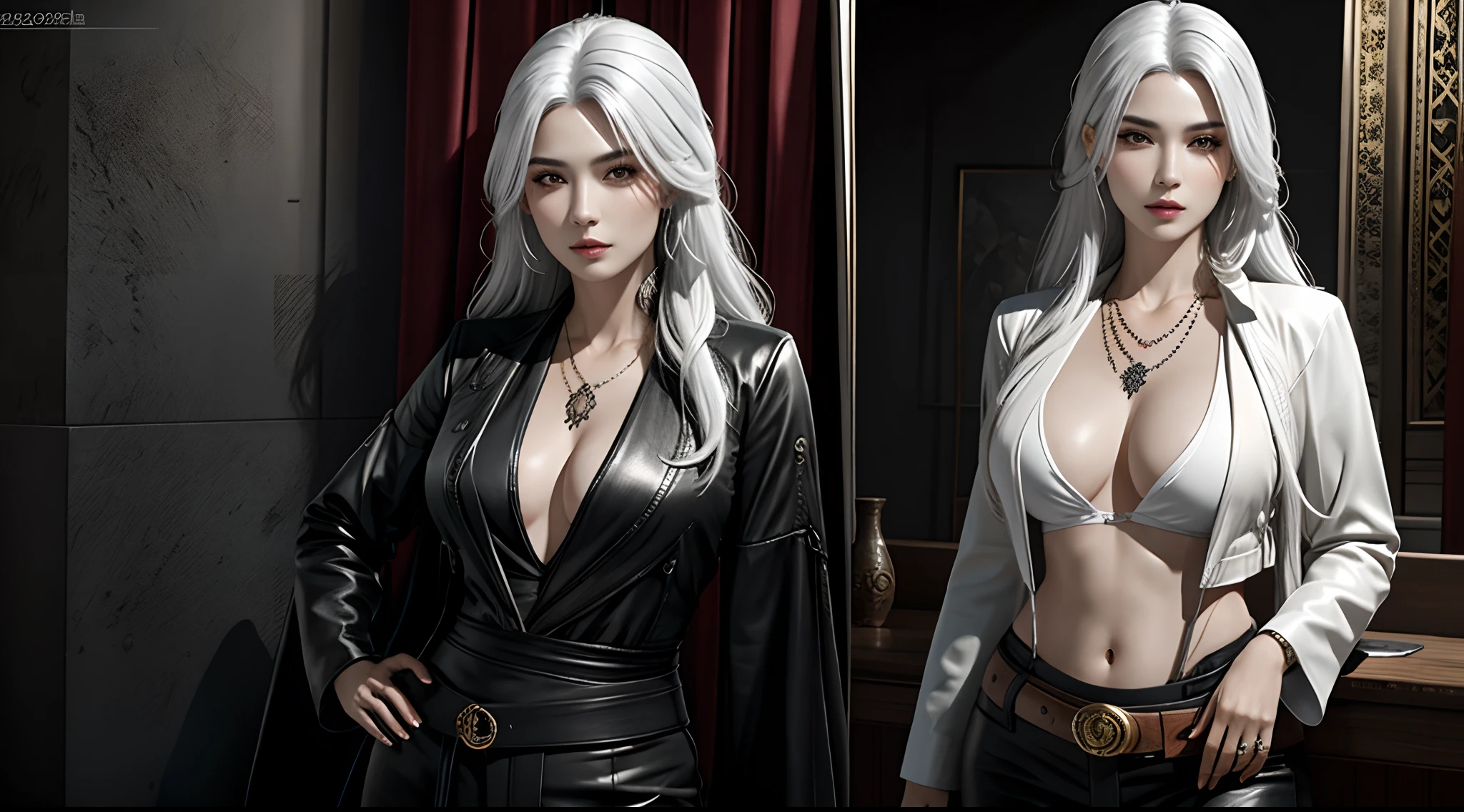 photorealistic, high resolution, 1women, solo, hips up, look at viewer, (detailed face), white hair, long hair, mafia clothes, tattoo, jewelry