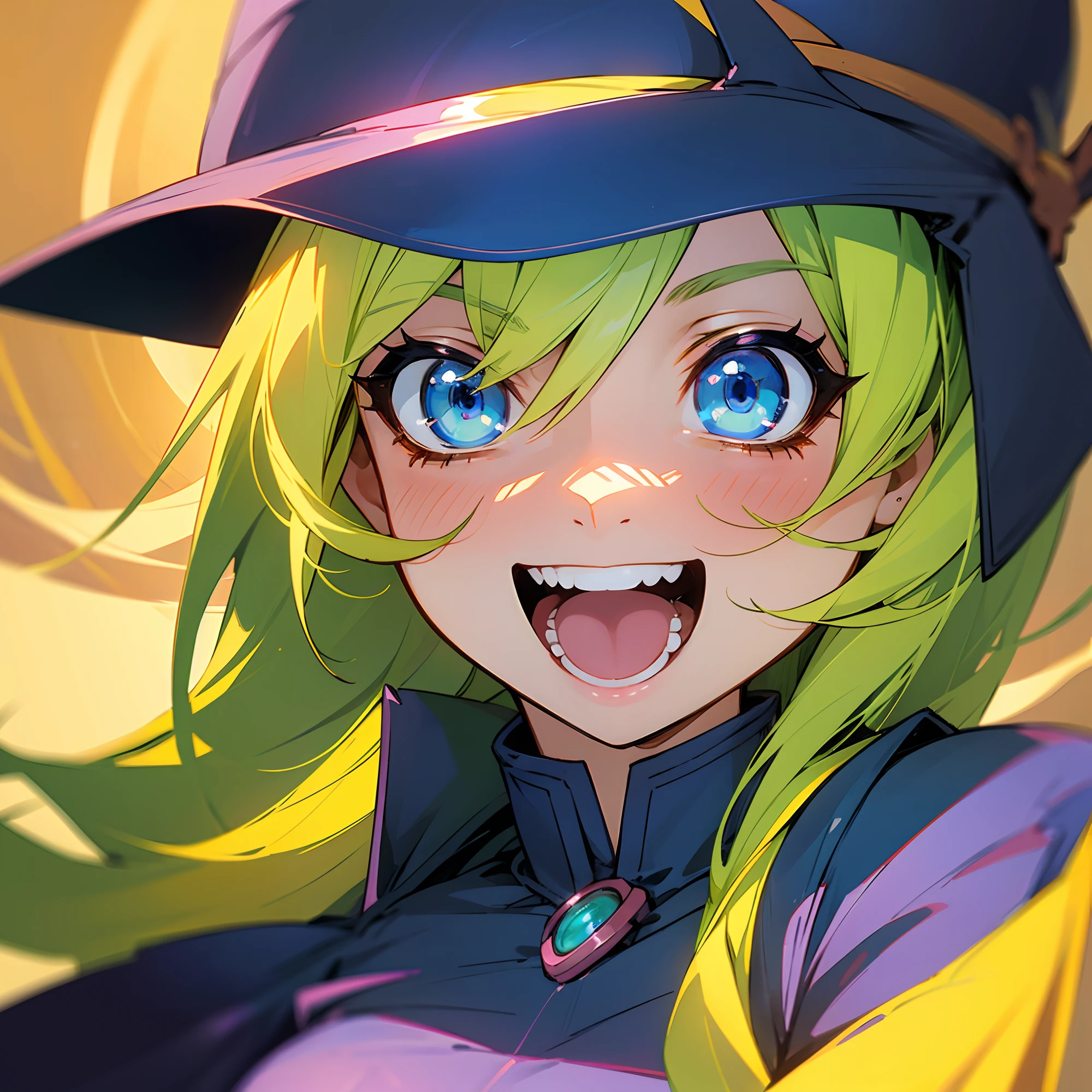 Dark Magician Girl、1 person、(highly detailed back ground:1.0)、(highly detailed back ground:1.0)、​masterpiece、top-quality、超A high resolution、8K、Cruzing Up、looking in camera、(1/There are 2 kinds of yellow、Yellow 1 kind/2 Green hair)、BREAK、Detailed skin、glowy skin、(Detailed eyes、Blue eyes)、Burning cheeks、(Laughing:1.4)、Large breasts、BREAK、(denim:1.6、Detailed clothing)