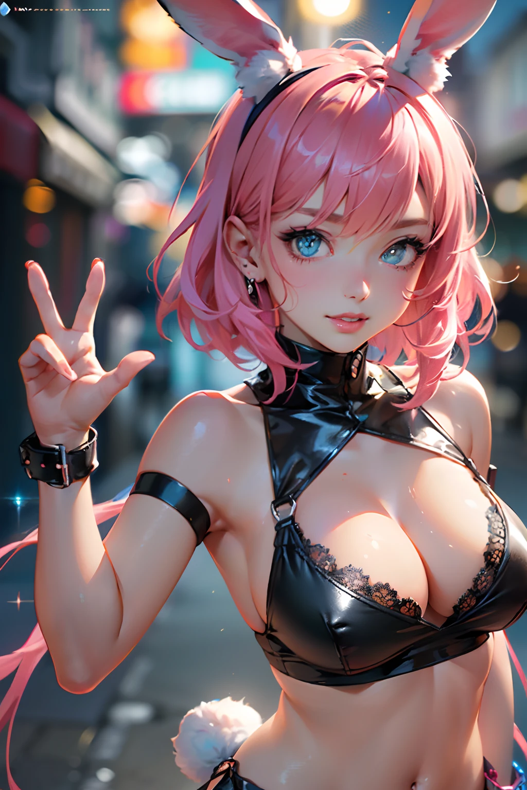 Cute Bunny,(((20 years old))),((Anime little rabbit with very cute and beautiful twin-tailed pink hair walking down the street)),(((Bunny Girl,Antro Furry Cute,bunnygirl))),(((Bunny ears,Rabbit ears on the head,Big rabbit ears))),

((large full breasts))), (((Fuchsia Hair:1.35,short fuchsia hair,Colored inner hair,Ear breathing,))),((Heterochromia, I1 Fuchsia, Eye 2 Pink, Perfect eyes, upward-eyed:1.3, Beautiful detailed eyes, finely detailed beautiful eye:1, big highlight on eyes:1.2, slanted eye)), (((Lustrous skin:1.5,bright skin: 1.5,skin tanned,Shiny skin,Very shiny skin,Shiny body,plastic glitter skin,exaggerated shiny skin))),(delicate detailed fingers,Detailed body,detailed arms,Human Hands, Detailed hand),

Cute,sluttish,,Erotic,NSFW, 

zettai ryouiki,Revealing clothing,Show skin,((Rave Shirts, Fluorescent shirt, Rave Miniskirt,Visible lace strap)),(Wearing a rave costume:1.3,Rave Clothing,seminude,with little clothing,),(detailed costume,detailed  clothes),

(Dynamic Pose:1.0), Solo Focus, Centered, scale to fit the dimensions, thirds rule,

Outdoors, ((Night view)), (Cyberpunk Night Street Background: 1.5,dark sky,alleyway,Lonely alley,Thick clouds, Detailed background:1.25),

(Best Quality), (High resolution), (Sharp Focus), (ultra-detailliert), (Extremely detailed), (Very high quality artwork), 8K_Wallpaper, (8K HDTV CG),(Very fine 8K CG), ((hyper super ultra detailed perfect piece)), flawless, (((masutepiece))), Illustration, Vibrant colors,  (Convoluted), High contrast, Selective lighting, double exposure, nffsw (High dynamic range), Post-processing, Background blur,