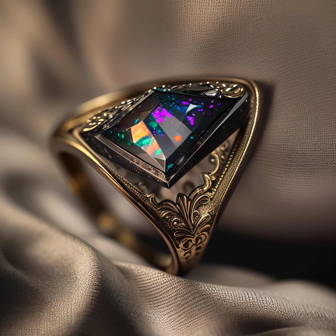 macro photo, Ukiyo-e, depth of field, masterpiece, super detail, high details, high quality,macro photograph, Masterpiece, Super detail, High details, High quality,
[Black opal triangle ring],Light luxury, {Black gold vintage style}