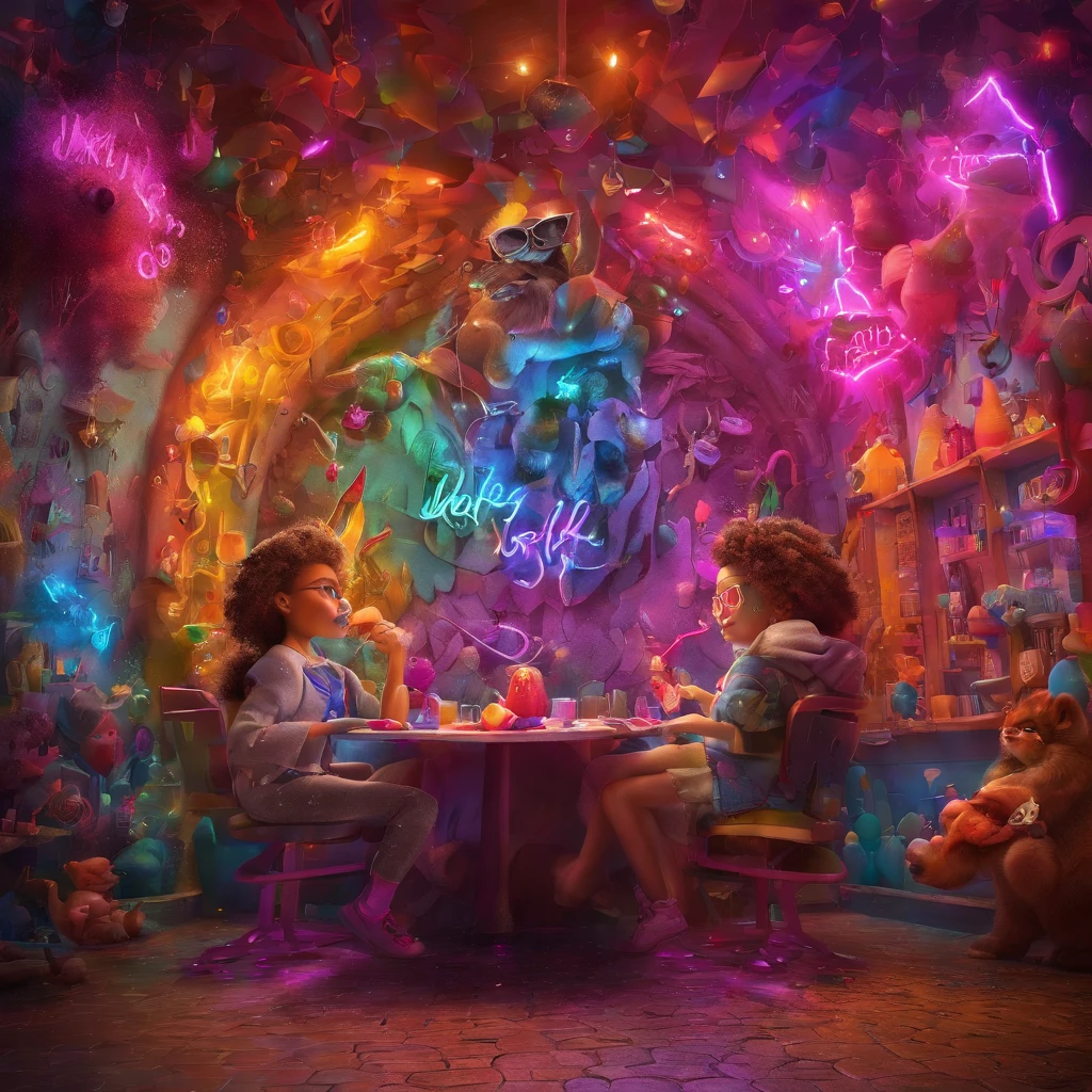 In a whimsical kawaii cafe, Kitten Fluffy, crafted from highly detailed curling, thin glowing multi-colored smoke, dons a rose flower hoodie and fancy funny stylish giant shiny sunglasses. Against a backdrop of vibrant neon typography spelling VIKUSIA, FAINOHO DNIA, capture its enchantment in a digital art masterpiece. Incorporate volumetric 3D rendering, Octane render, and vibrant graffiti elements to create a fantasy illustration that showcases its fashion-forward style. Make it pop with a poster-worthy 3D render that embraces the essence of this captivating character ((stunningly tantalizing view)). 3D, highly detailed, sharp focus, 8K, ultra quality, UHD, crystal clear, bokeh. Black magic Pocket Cinema Camera 6K Pro with Sigma 18-35mm f/1.8 DC HSM Art lens Canon EOS 5D Mark IV camera with a Canon EF 24-70mm f/2.8L II USM lens --ar 9:16 --v 5.2 --s 750, architecture, vibrant, wildlife photography, portrait photography, fashion, cinematic, typography, 3d render, poster, photo