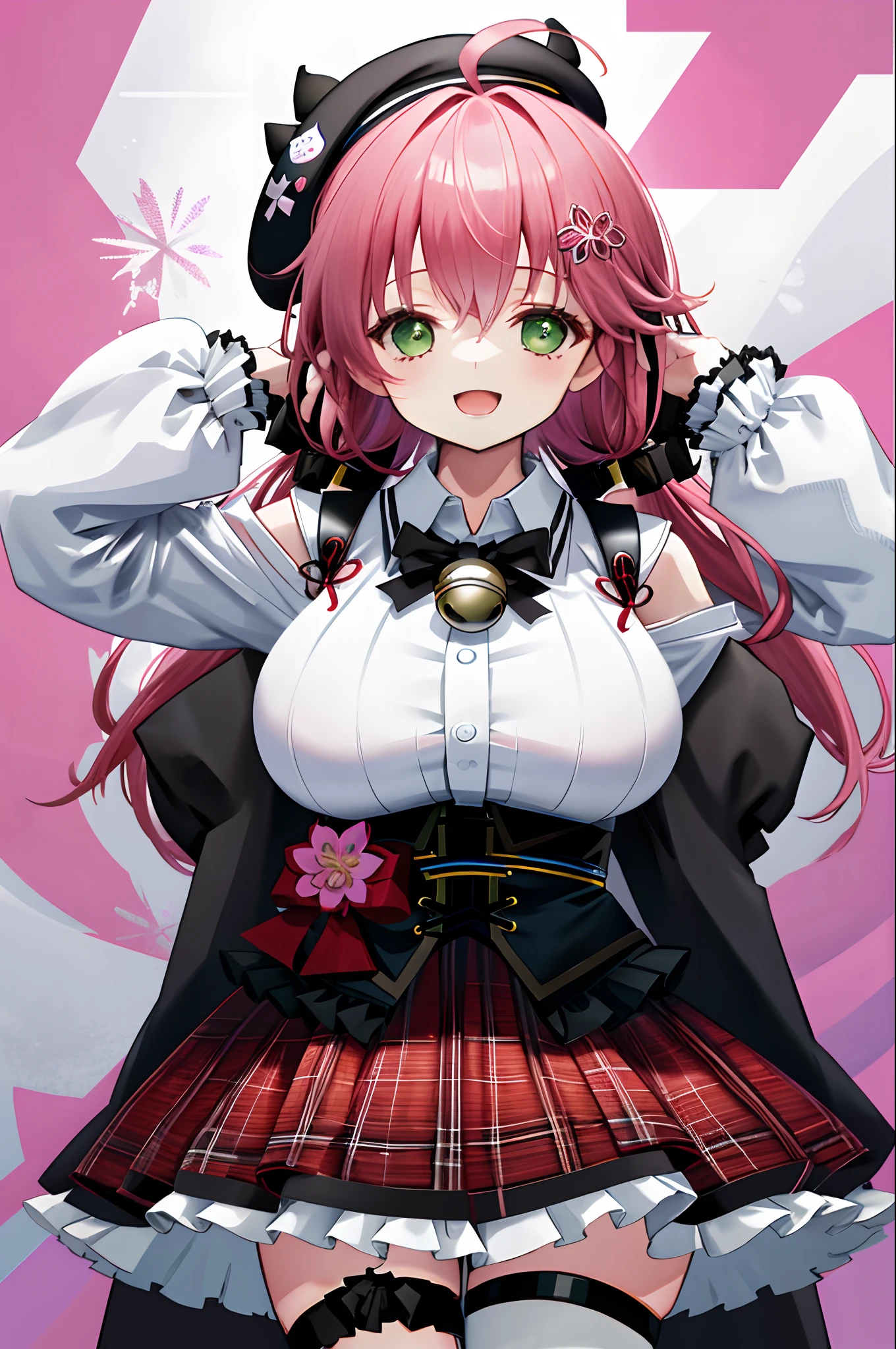 masutepiece, Best_Quality, hight_resolution, miko2,Ponytail, 1girl, Green eyes, Ahoge, black headwear, Hair Ornament, White shirt, black thighhighs, Pink hair, Red_skirt, very_short_skirt, plaid skirts, garter_strap, Collared shirt, hair clips, frilld, Bangs, hair between eye, frills skirt, beret, Pleated skirt, Hair Flower, Neck bell, , puffy long sleeves, Black bow, Underbust, Cowboy Shot,Smile, (gigantic_breasts:1.3),covered_nipples, covered_pussy,closed_eyes, happy, childlike_posing,spread_legs,sleepy,(smile:1.2),plump,open_mouth,