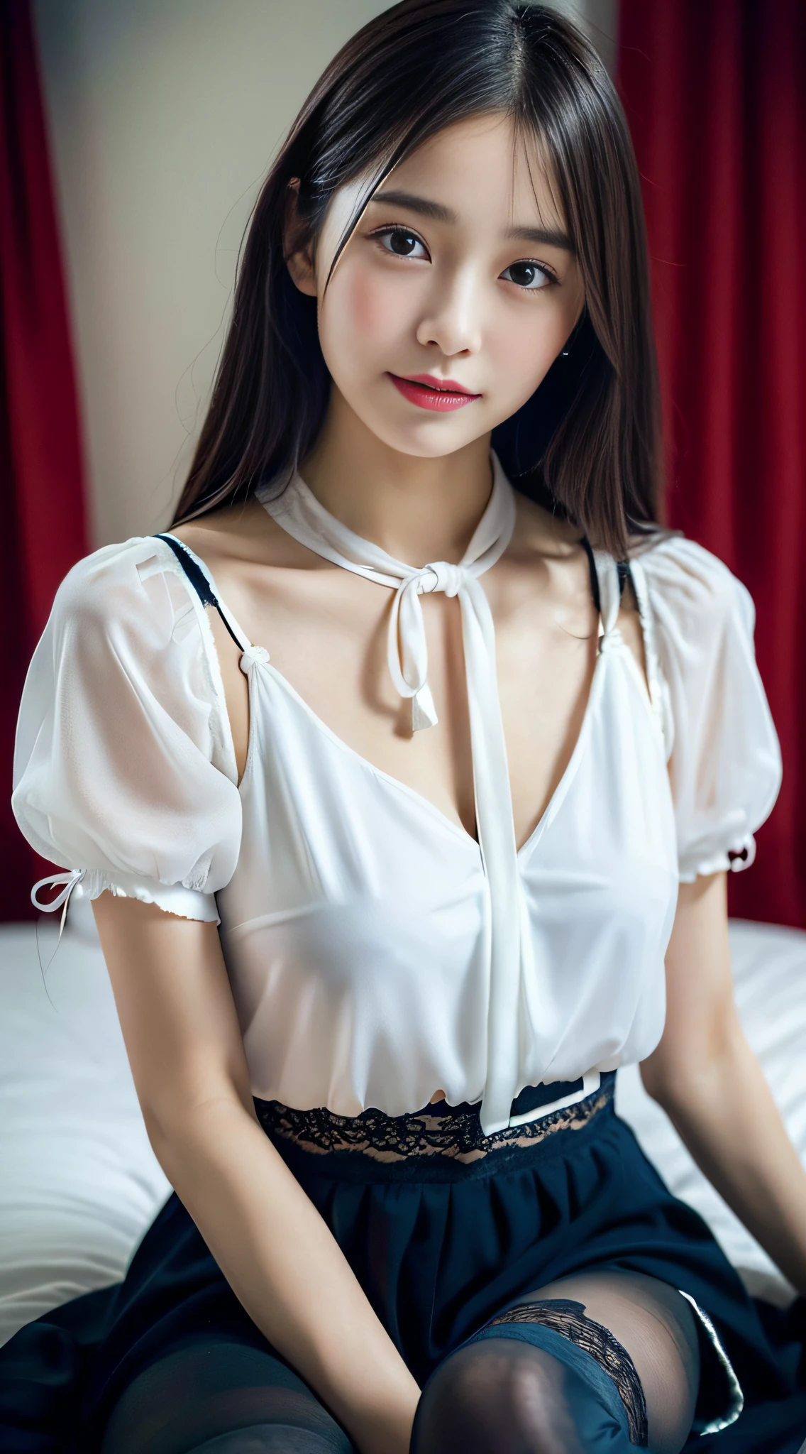 masterpiece, Highest quality, Super detailed, More realistic, In detail, High resolution, 8K Photo, Beautiful attention to detail,nose,mouth, Long Black Hair, (chest:1.5), 18-year-old girl, (cute:1.5), (Beauty:1.2), Frilled Skirt, Bedroom, chestの谷間, Sexy shot of the camera, smile, Natural Makeup, Eyeliner, cute, cute, Sparkle in your eyes, Drooping eyes, Thin eyebrows, 