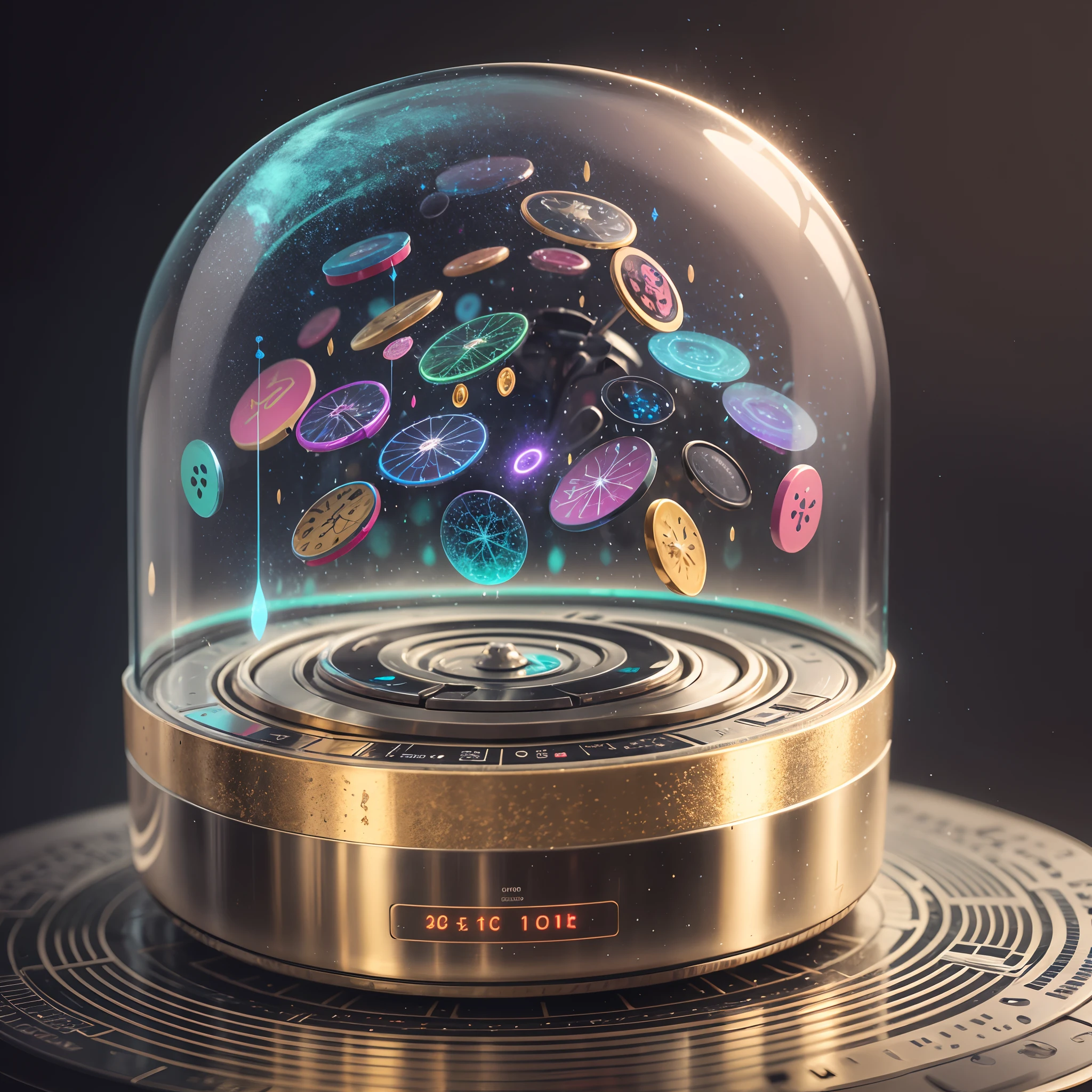 A Fantasy Profitable Product Ideas Machine, The machine features a transparent dome made of a special glass that shimmers with rainbow colors when in operation, creating a magical aura around it, Instead of physical buttons, the machine has holographic touch panels that float in the air and respond to users' touch with a sensation of "touching the air.",  Gold elements and magical gems adorn the machine, giving it a luxurious and mysterious appearance, realistic, 4k --auto --s2
