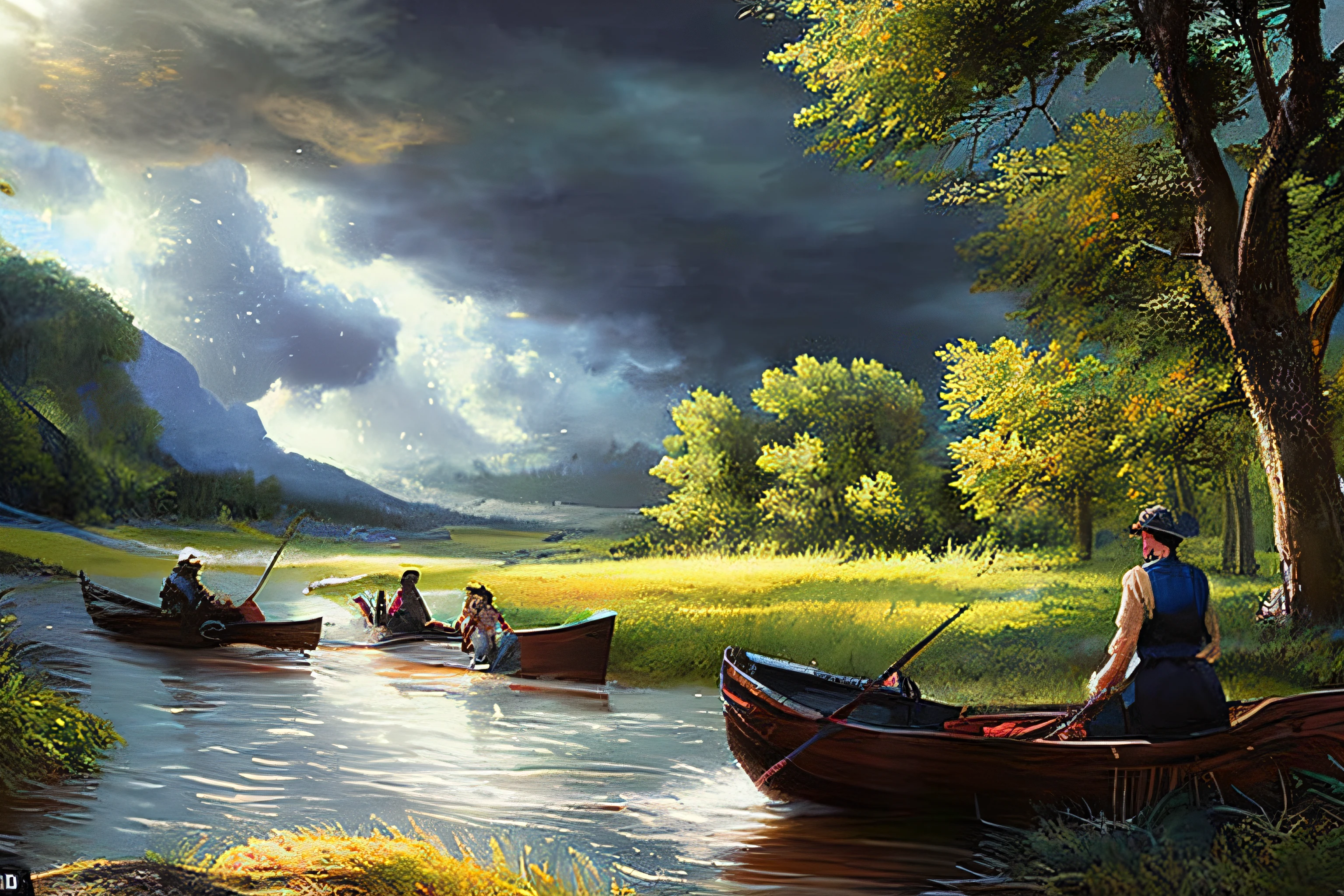 scene of a clouds, 3 people, bustling river storm, great big storm, sunlight, glow, afternoon, scenery concept art, overgrowth. by Renoir , relaxing concept art, traditional classic concept art, a beautiful artwork illustration. high detail, background art, detailed concept art, environment design illustration, concept art highly detailed