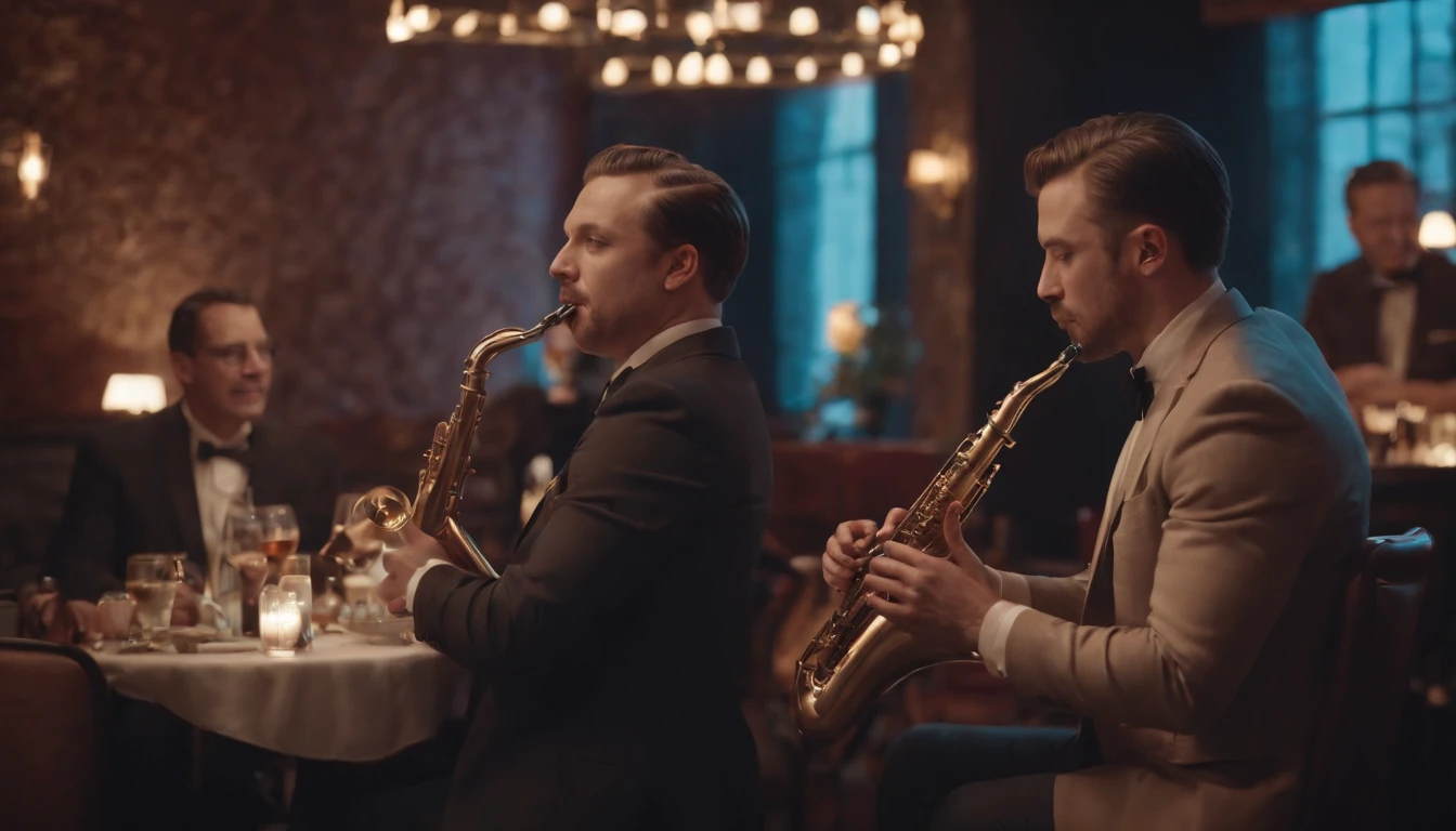 Musicians in classic vintage restaurant very elegant jazz style 8K cinematic neon lights in the background