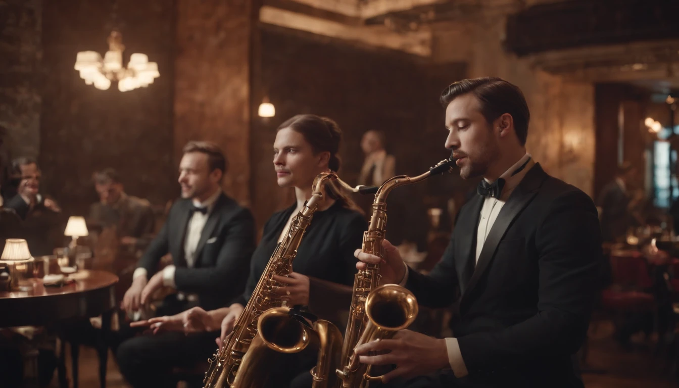 Musicians in classic vintage restaurant very elegant jazz style 8K cinematic neon lights in the background