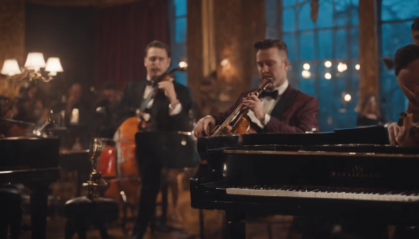 Musicians in classic vintage restaurant very elegant jazz style 8K cinematic neon lights in the background