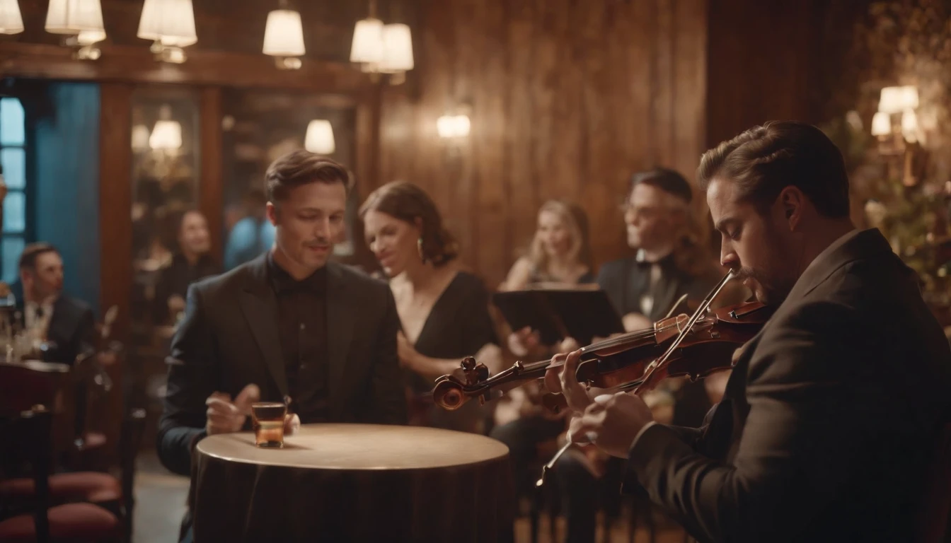 Musicians in classic vintage restaurant very elegant jazz style 8K cinematic neon lights in the background