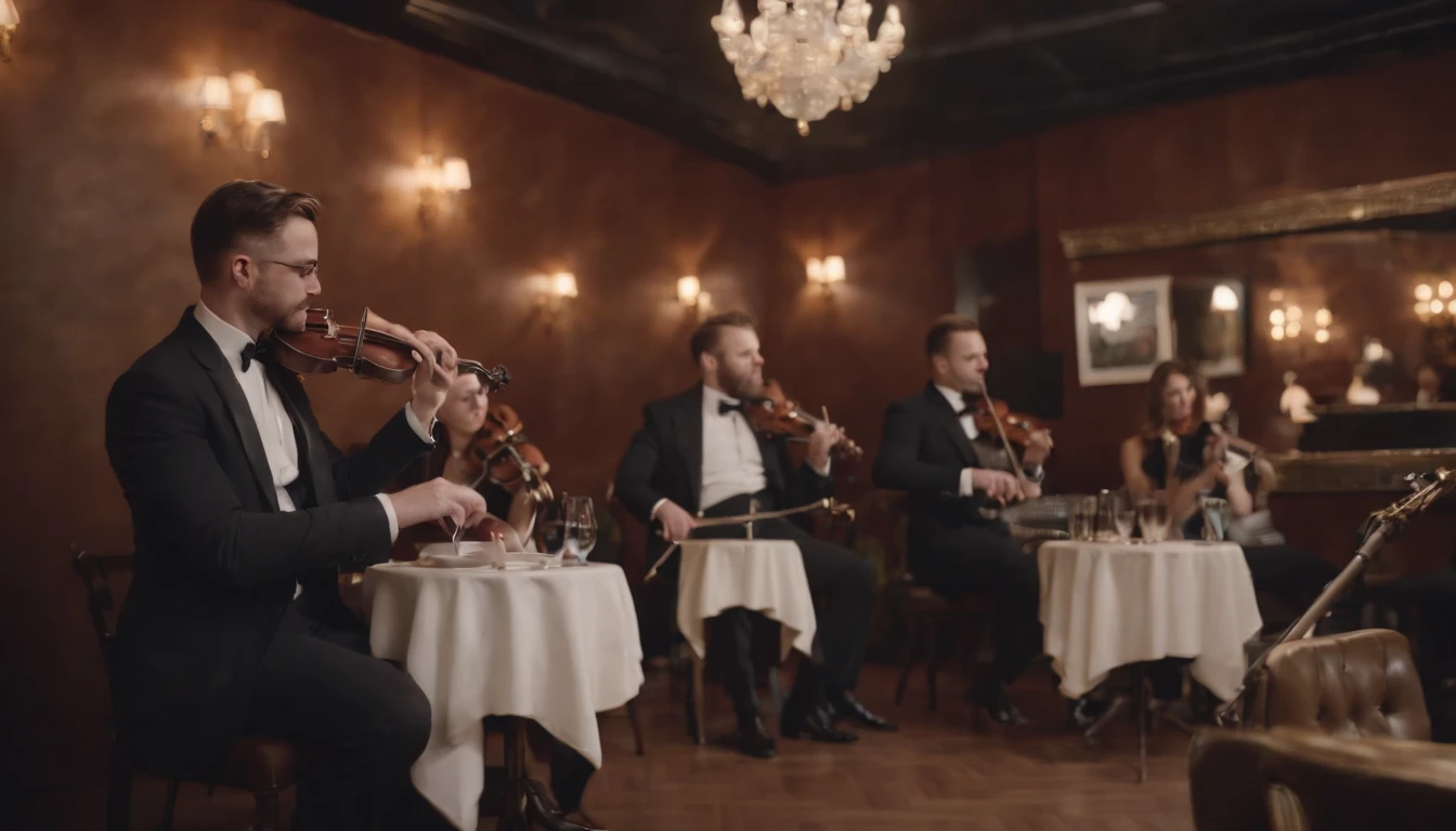 Musicians in classic vintage restaurant very elegant jazz style 8K cinematic neon lights in the background