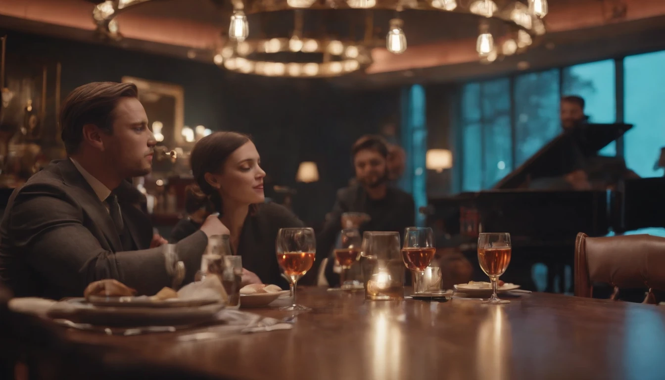 Musicians in classic vintage restaurant very elegant jazz style 8K cinematic neon lights in the background