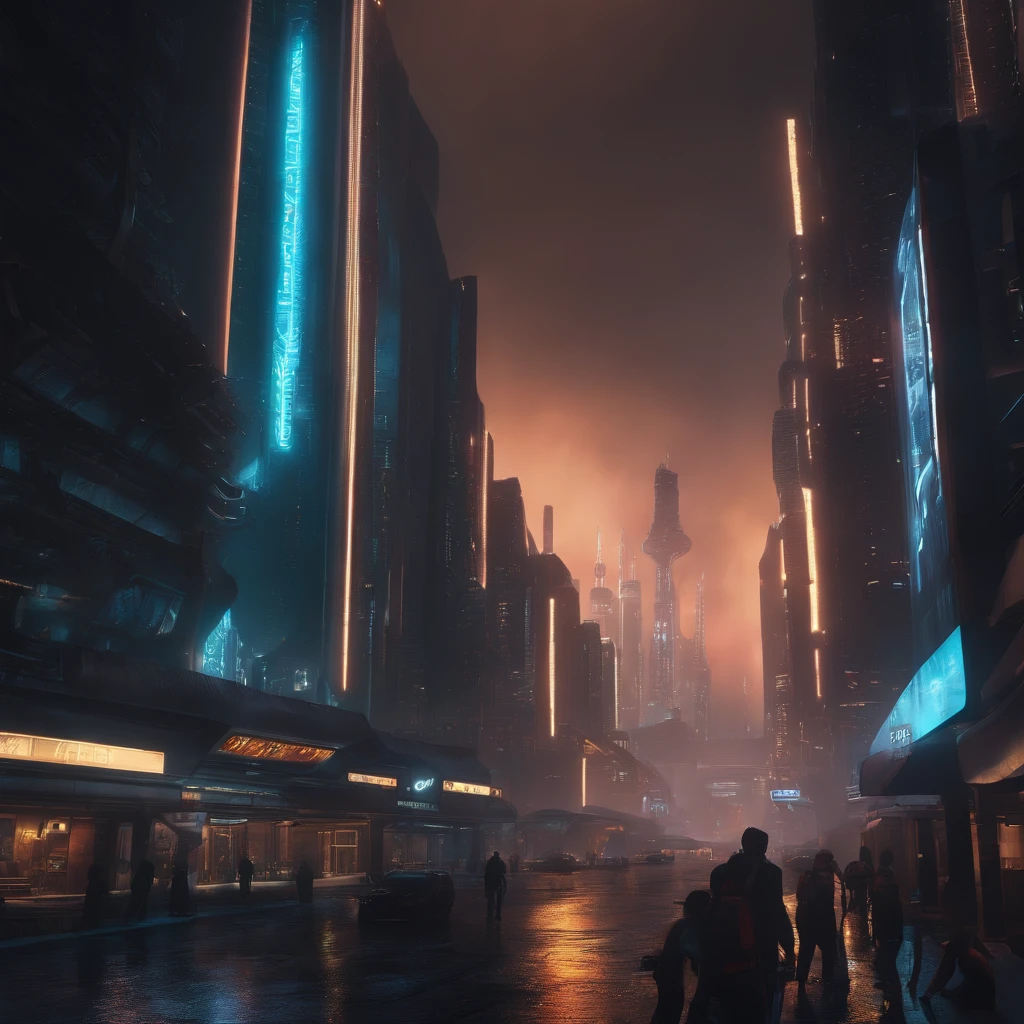 (best quality,4k,8k,highres,masterpiece:1.2), ultra-detailed, realistic, cyberpunk, dark hair, black eyes, cityscape, year 1, cyborgs, flickering lights, futuristic city, holographic billboards, neon signs, towering skyscrapers, advanced technology, flying vehicles, advanced robotics, augmented reality, sleek and metallic architecture, bustling streets, crowded alleys, dimly lit alleys, glowing implants, industrial aesthetics, a blend of high tech and low life, dramatic shadows, vibrant colors, dystopian atmosphere, glowing cybernetic enhancements.