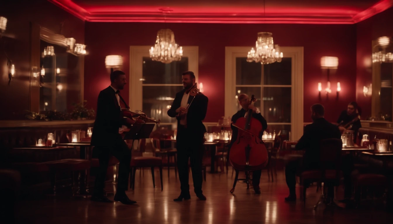 Musicians in classic vintage restaurant very elegant jazz style 8K cinematic neon lights in the background