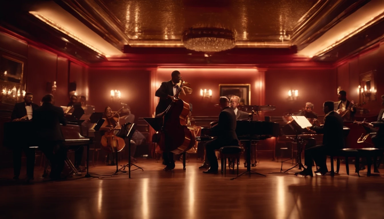 Musicians in classic vintage restaurant very elegant jazz style 8K cinematic neon lights in the background