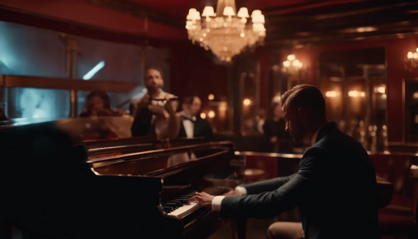 Musicians in classic vintage restaurant very elegant jazz style 8K cinematic neon lights in the background