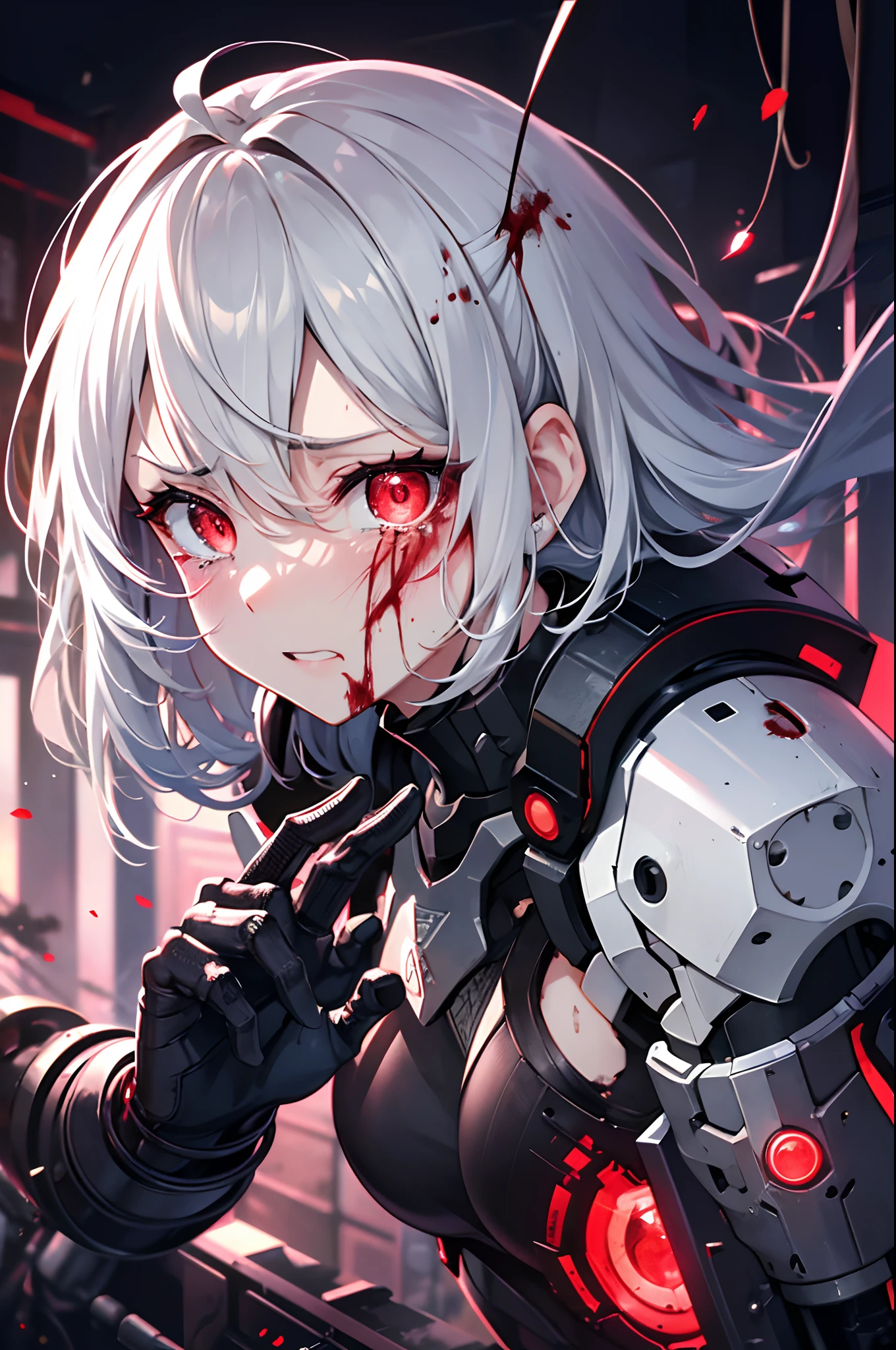 dramatic lighting, mechanical girl, gray hair, (red glowing eyes), (broken exoskeleton suit), mechanical joints, broken mechanical limbs, bare shoulders, angry, one eye is torn off, (serious breakage: 1.5), dirty, seriously damaged, one eye burns red, wires stick out, internal mechanisms are visible, (tears of blood: 1.3), professional lighting, best quality, masterpiece, ultra detailed, captures a super cute moment, depth of field, ultra high resolution, fine details, 16k wallpaper,