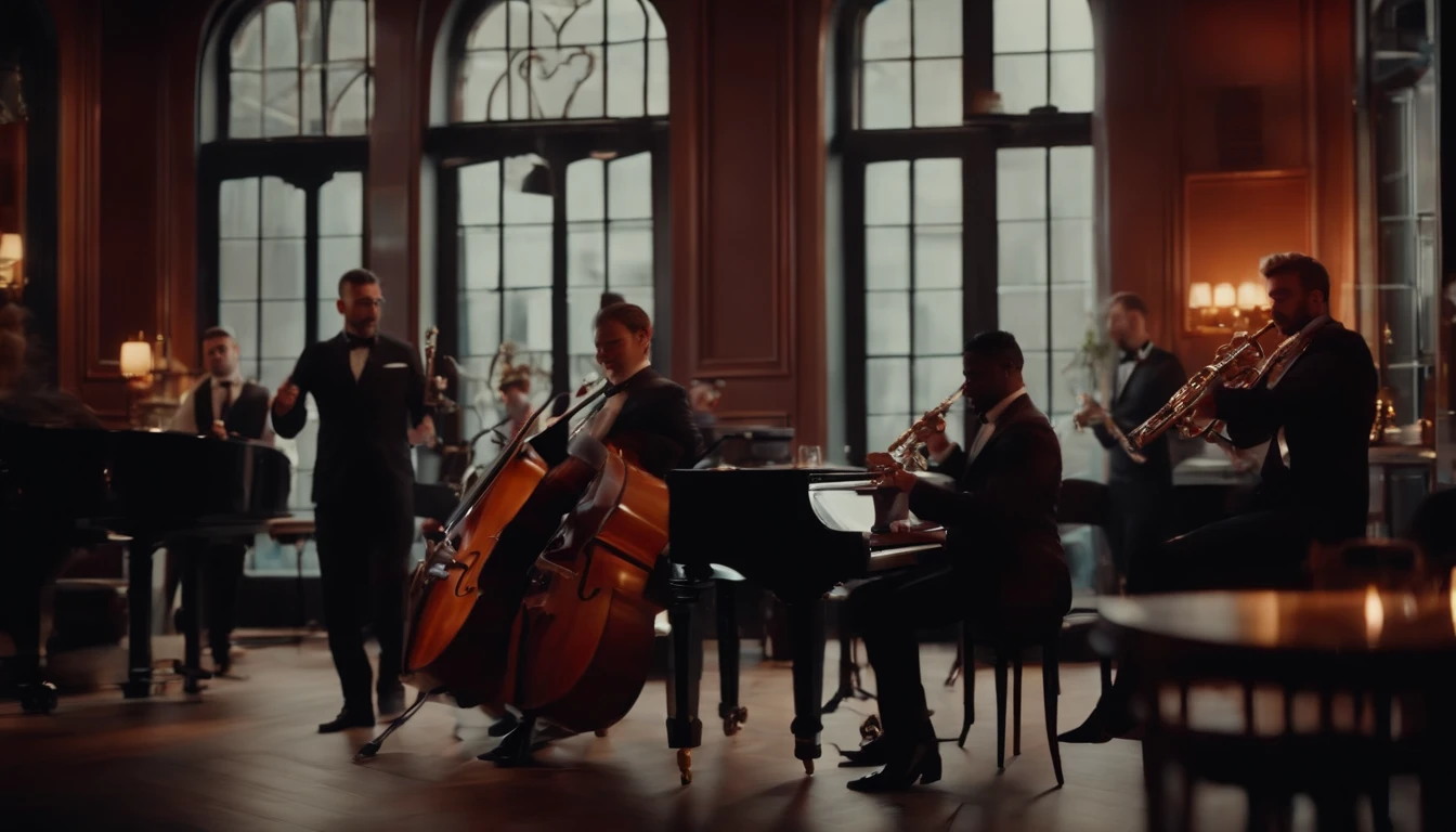 Musicians in classic vintage restaurant very elegant jazz style 8K cinematic neon lights in the background