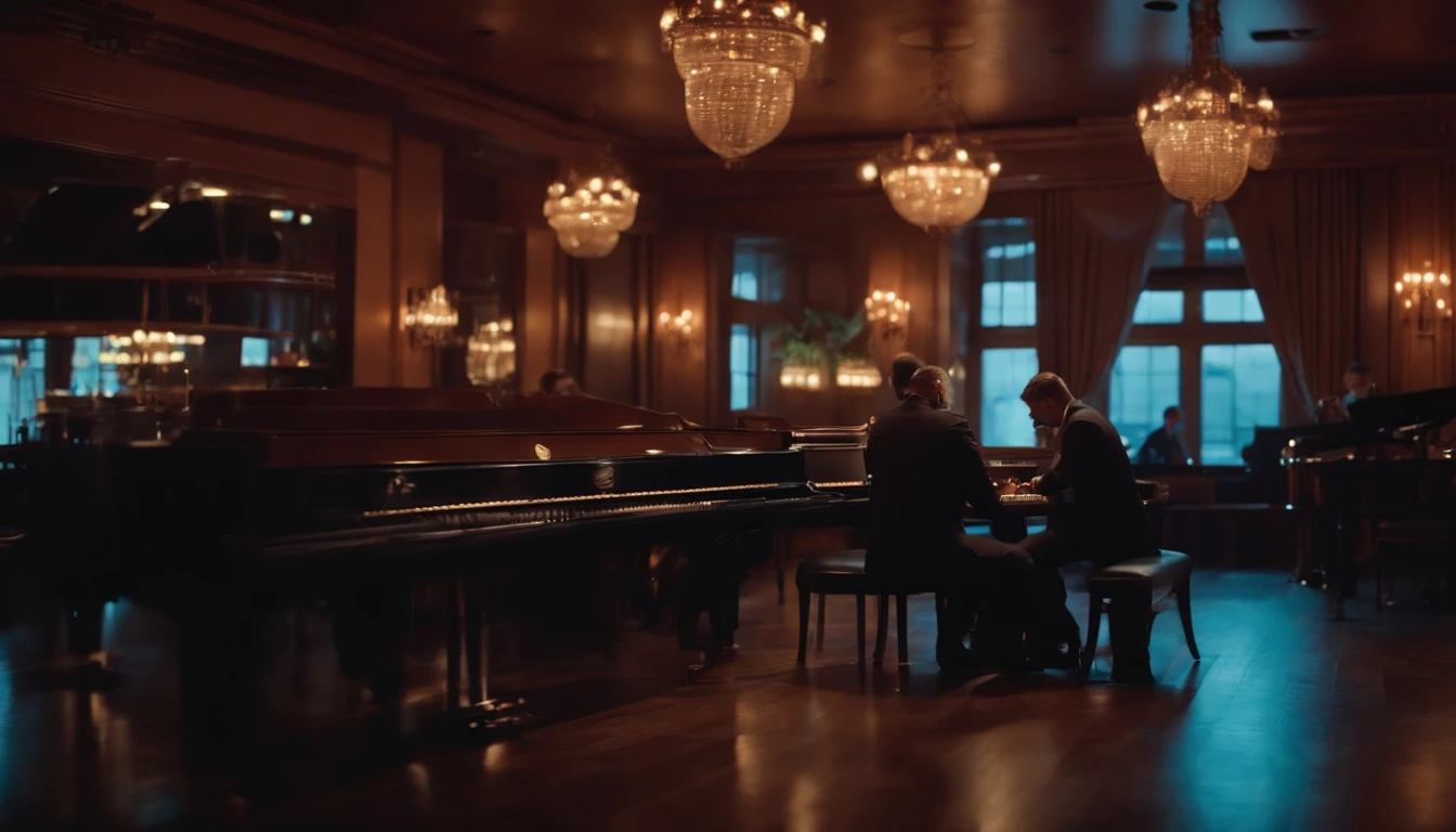 Musicians in classic vintage restaurant very elegant jazz style 8K cinematic neon lights in the background