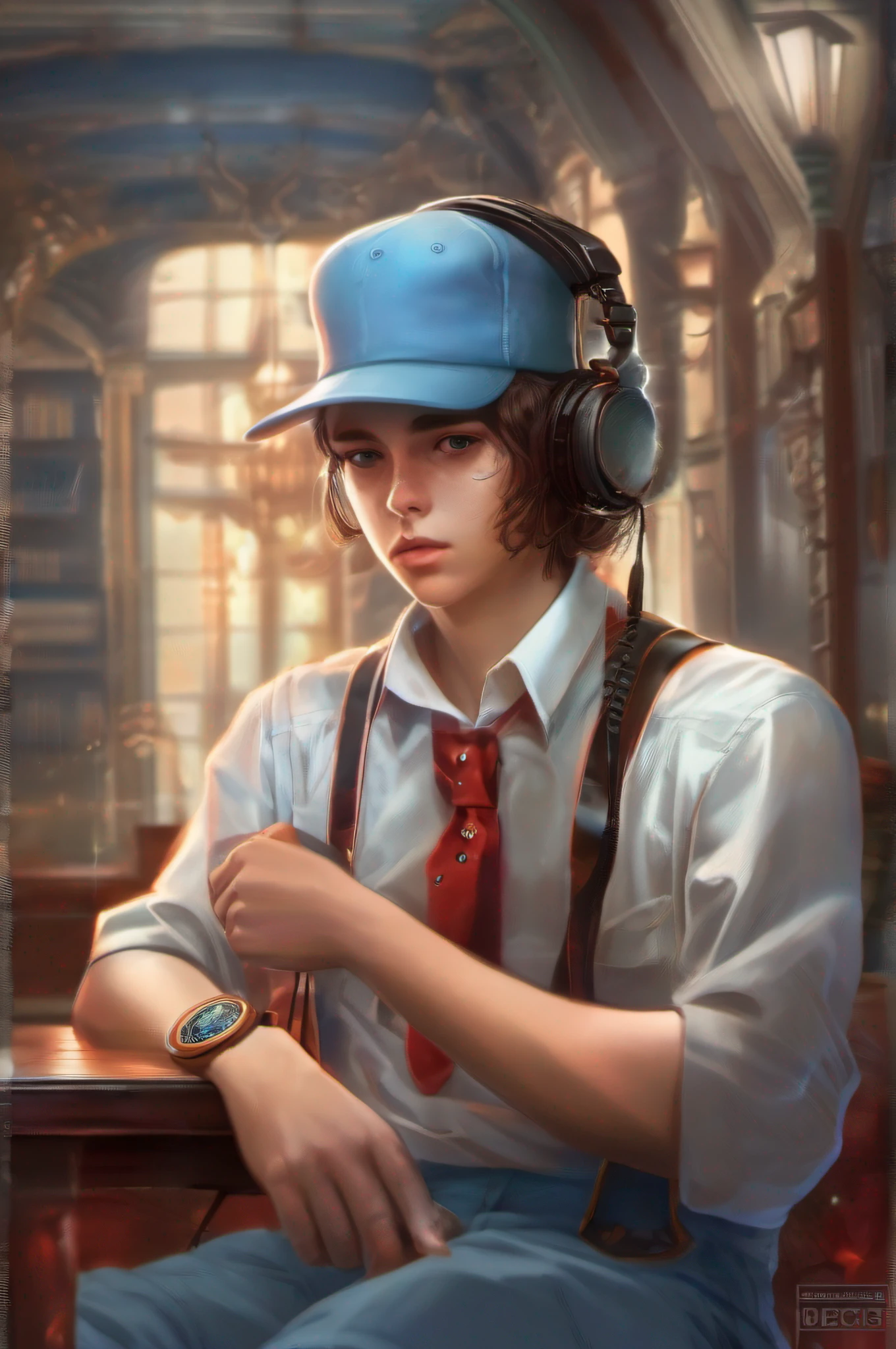 Adolescente ruivo,  anos, sardas na face, ruivo, cabelos avermelhados, vestido para trabalhar, camisa branca, gravata vermelha, Golden suspender with light blue, wearing cap, usando headset