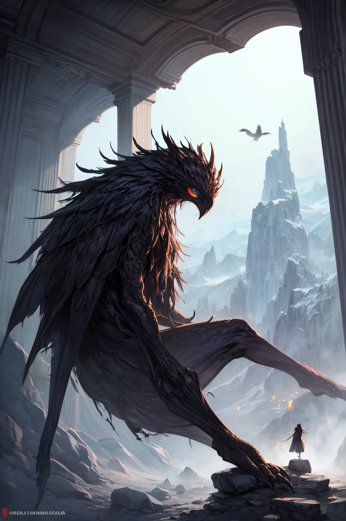 Cold scenario, darkly, death, Odin, fantasy creature, Scary creature, rocks, Dry, Dead Tree, mountain, Wallace, mist, spectral, Magic, Scary, Crows, intimidating, Inposing, superior, an artistic, Clouds, The Scary Way, Danger, ombre, dynamic, rich composition, Intricate, Detailed, shelter, landscape, Sketch, Incredibly beautiful sky, stars in thr sky, Scavengers, bloods, red fluid,