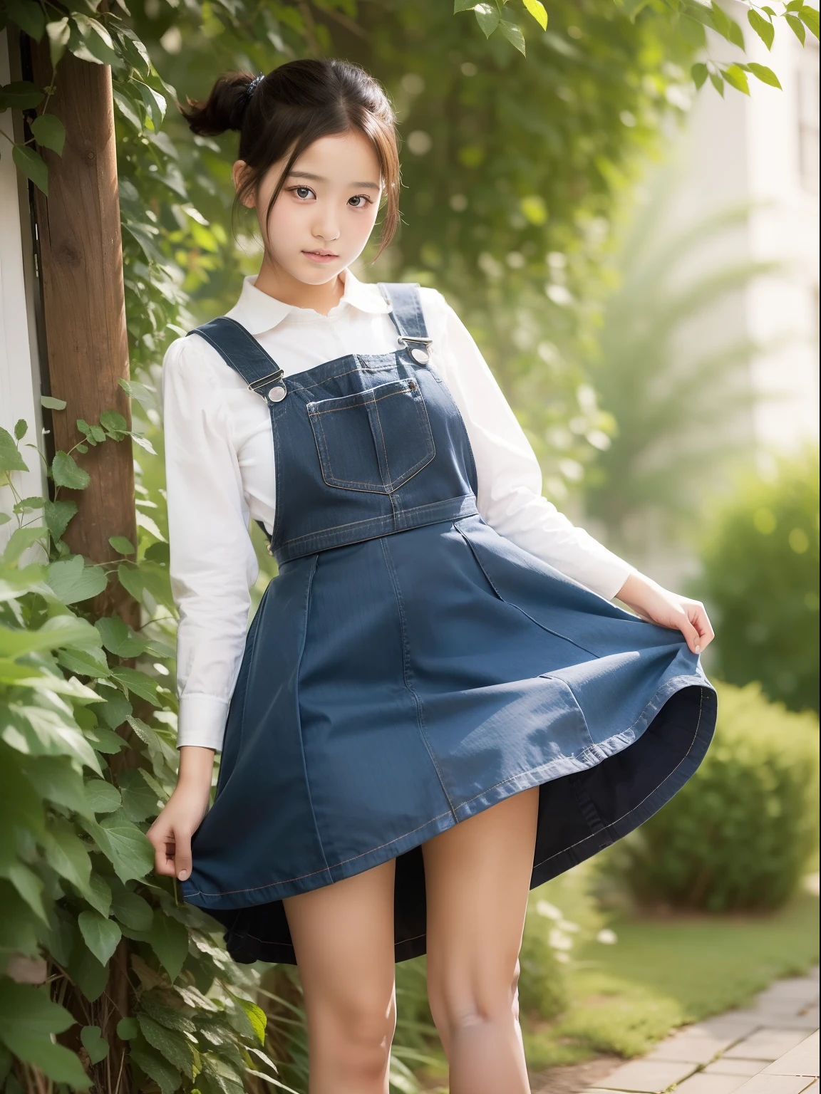 (((Skirt Lift 1.4)))，Curtsey，A 12-year-old girl，poneyTail，pinafore，Sateen