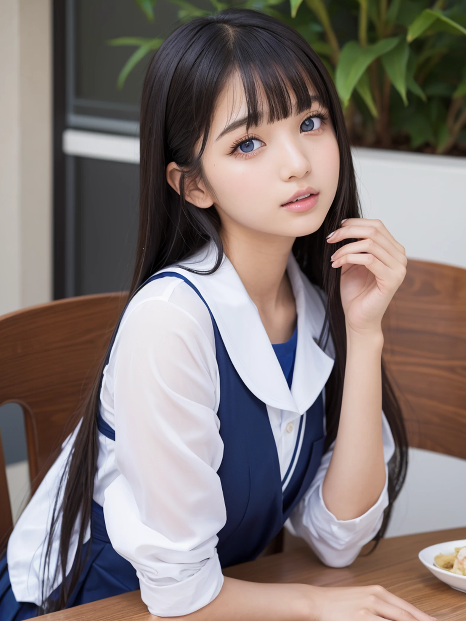 Arab-asian woman in sailor's uniform sitting at table, wearing japanese school uniform, Cute Schoolgirl, Young Pretty Gravure Idol, Young Gravure Idol, Young skinny gravure idol, a hyperrealistic schoolgirl, Delicate collar, Sexy and cute very beautiful face、Cute blue eyes shining beautifully、Shiny Metallic Platinum Blonde Silky Super Long Straight Hair、long swaying bangs、Sexy cute young beautiful girl