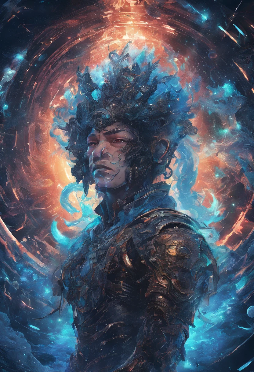 masterpiece, hanuman, blue skin, black hair, shrouded in shadows, , positano color tones, entirely in frame, FULL BODY, radiating electrical energy, shoulder length messy hair, Full body, Beautiful anime waifu style man, hyperdetailed painting, luminism, art by Carne Griffiths and Wadim Kashin concept art, 8k resolution, fractal isometrics details bioluminescence , intricately detailed , cinematic, trending on art station Isometric Centered hyper realistic cover photo awesome full color, hand drawn , gritty, realistic, intricate, hit definition , cinematic, Rough sketch, bold lines, on paper, vibrant, epic, ultra high quality model