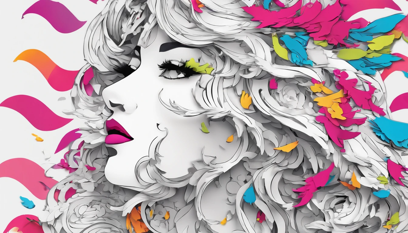(Masterpiece, Best Quality, High Resolution), White Background, ((Paint Splash, Color Splash, Splash of Ink, Color Splash)), Sweet Chinese Girl, Rainbow Hair, Pink Lips, Front, Upper Body