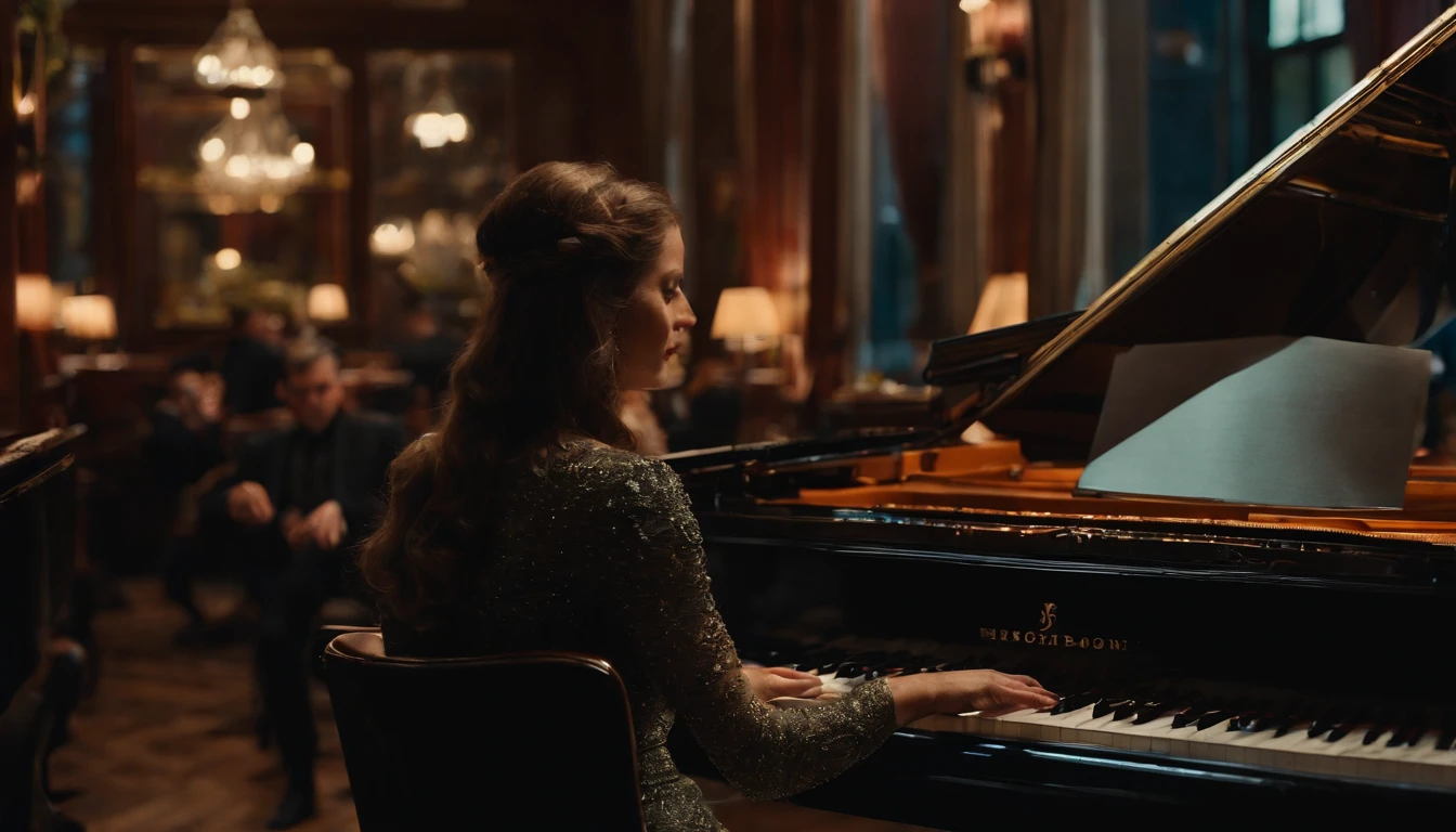 Musicians in classic vintage restaurant very elegant jazz style 8K cinematic neon lights in the background