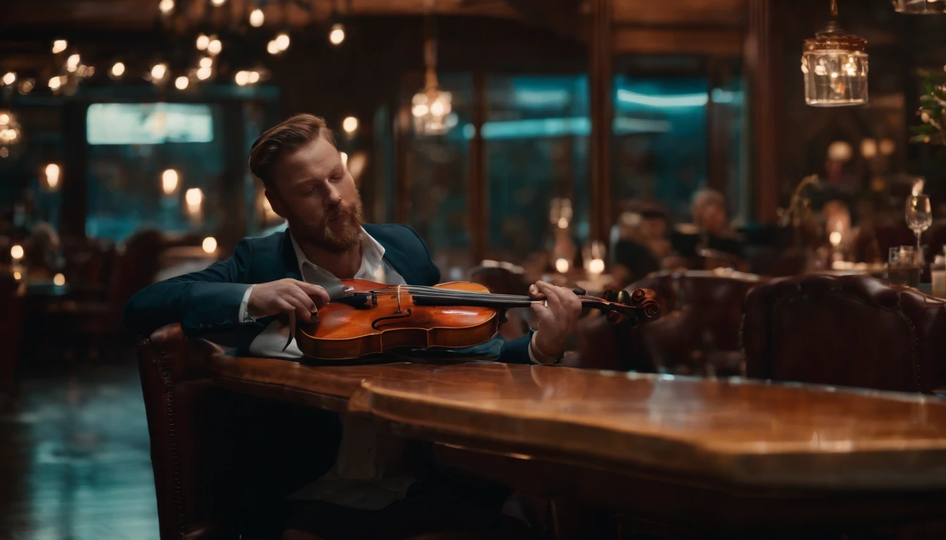 Musicians in classic vintage restaurant very elegant jazz style 8K cinematic neon lights in the background