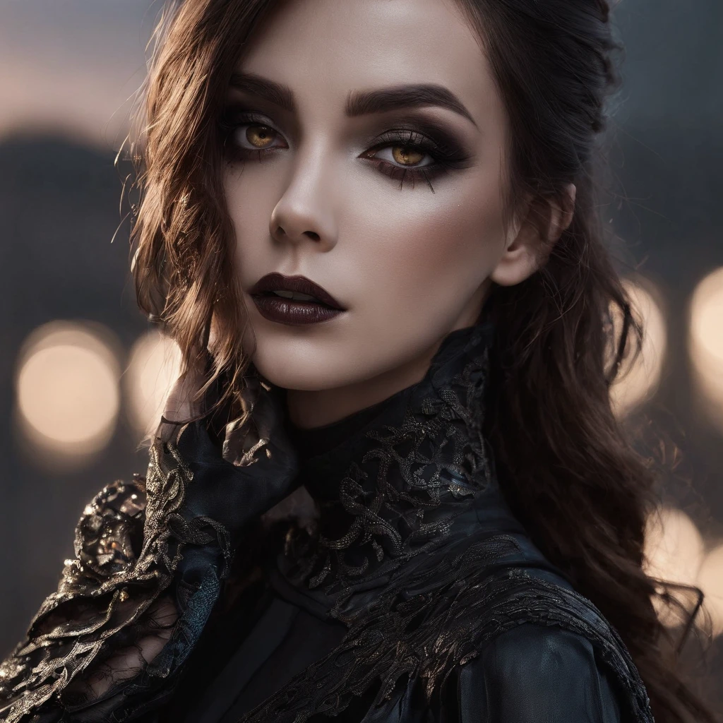 (melhor qualidade,Altas,ultra-detalhado),Dark and mysterious girl with black eyes and symbolic Gothic clothes,arame farpado cobrindo seu corpo,Cabelo castanho longo escuro,fios cinzentos nas extremidades,Retratos,foco nítido,profissional,Bokeh,dramatic lighting,paleta de cores escura e mal-humorada