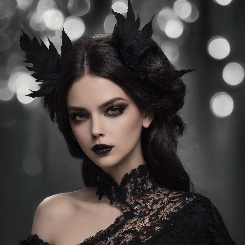 (melhor qualidade,Altas,ultra-detalhado),Dark and mysterious girl with black eyes and symbolic Gothic clothes,arame farpado cobrindo seu corpo,Cabelo castanho longo escuro,fios cinzentos nas extremidades,Retratos,foco nítido,profissional,Bokeh,dramatic lighting,paleta de cores escura e mal-humorada