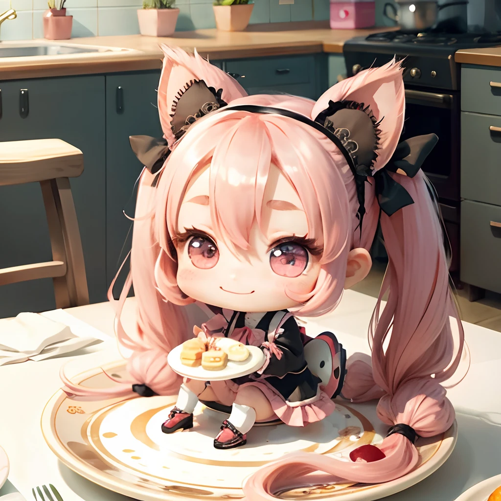 Cute chibi anime sitting on a plate, long pink hair with twin tails、I have cat ears、Wear a blue mini dress, Smiling, Logo is cheap