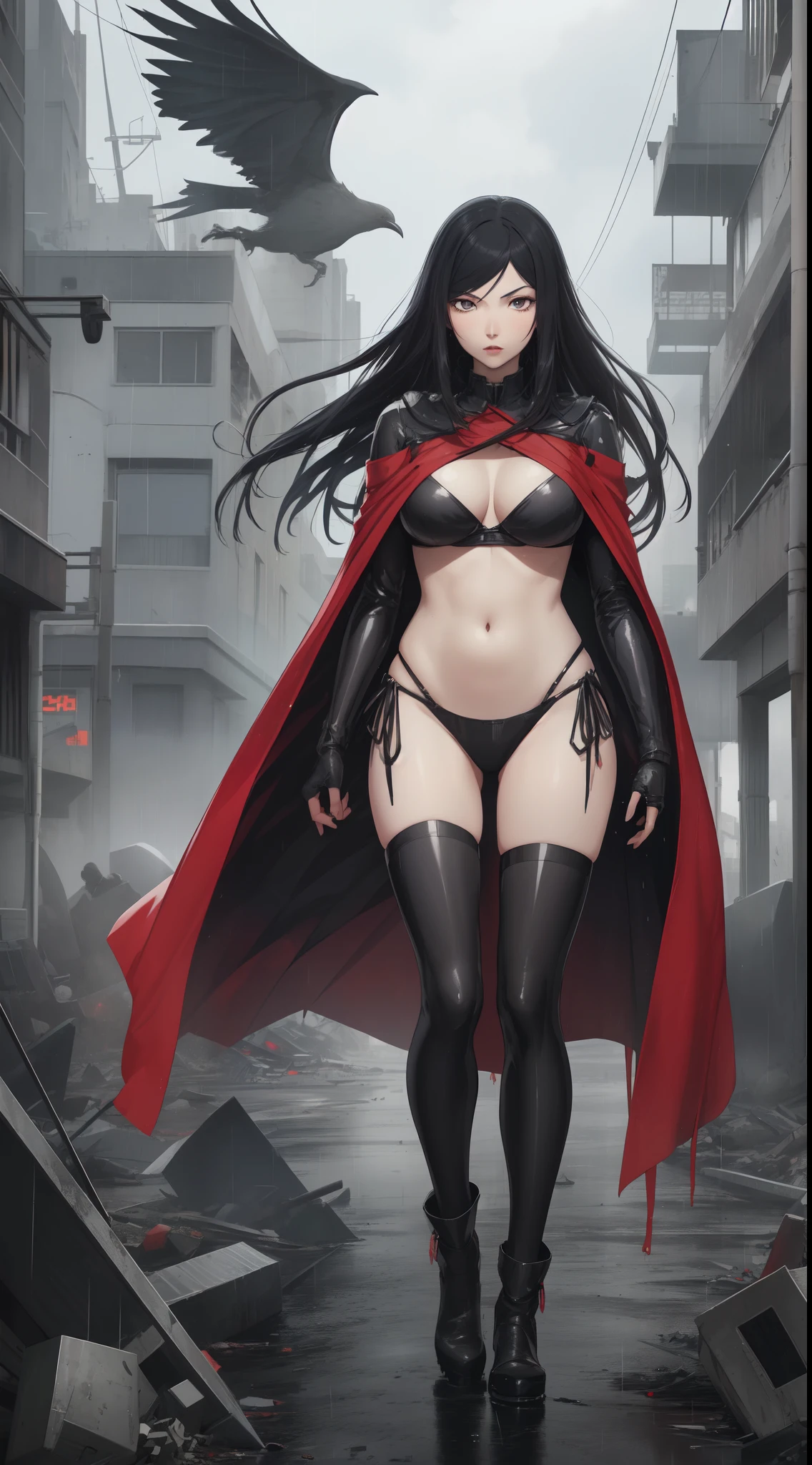 generate a High quality image of Kurihara Mari from prison school, black long hair, grey eyes, blushing cheeks, wearing robotic bikini Armor and red colour cape, dynamic pose, full body view, standing on the destroyed futuristic city, rainy weather, cinematic shadow, cinematic fog, crows in the sky,