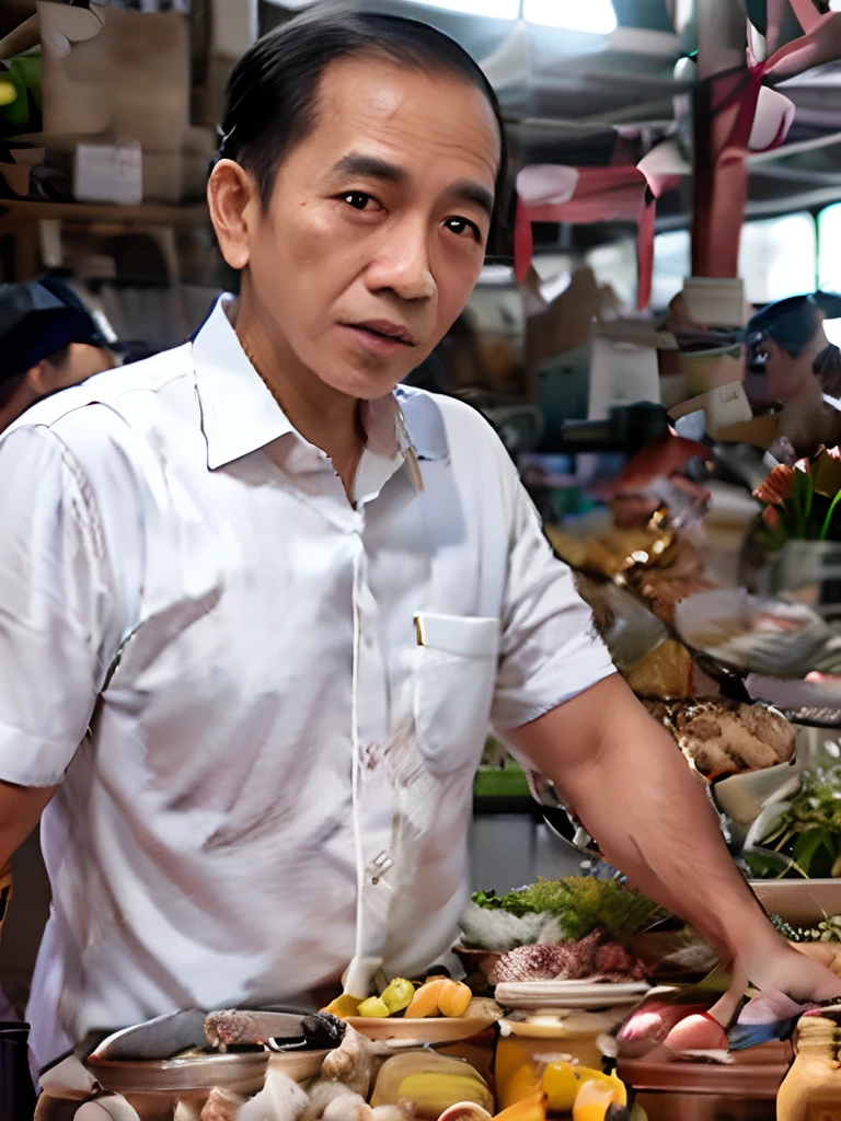 4k, Best quality, masterpiece, ultra high res, beautiful lighting, (realistic, photo-realistic:1.4), realistic background, Jokowi, 
1man, 60 years old, skinny, standing at traditional market