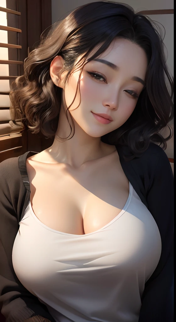 masutepiece, Best Quality、Realistic, ( Intricate details, depth of fields)、Hyper-Realism, 8K, Best Quality, Super Detail, retinas, ighly detailed, Perfect face, Perfect body, Huge breasts, Constriction, Very big ass, Glamour, indirect lighting, hair wavy、Shorthair、prety woman,A dark-haired、goddess of Japan、 the perfect appearance, Smile, ta, Oily skin、shinny skin、indirect lighting, Anatomically correct、Skin Texture
Woman wearing sweatshirt made of soft material、Imagine lying in bed。She closed her eyes and took a deep breath.、Relaxing。Environment in the bedroom、Warm lighting is created。
