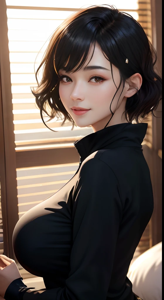masutepiece, Best Quality、Realistic, ( Intricate details, depth of fields)、Hyper-Realism, 8K, Best Quality, Super Detail, retinas, ighly detailed, Perfect face, Perfect body, Huge breasts, Constriction, Very big ass, Glamour, indirect lighting, hair wavy、Shorthair、prety woman,A dark-haired、goddess of Japan、 the perfect appearance, Smile, Lolita, Oily skin、shinny skin、indirect lighting, Anatomically correct、Skin Texture
Woman wearing sweatshirt made of soft material、Imagine lying in bed。She closed her eyes and took a deep breath.、Relaxing。Environment in the bedroom、Warm lighting is created。