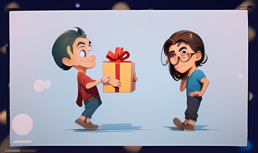 desenho animado de um homem dando uma mulher um presente, giving gifts to people, Apresenta, in cartoon style, segurando presente, Presentes, Fanart, Giro, desenho animado de arte digital, charicatura, Cartoon style illustration, Caricato e simplista, arte digital dos desenhos animados, desenho animado bonito, wikihow illustration, Vencedor do concurso deviantart, arte dos desenhos animados, pintura digital dos desenhos animados, Feliz!!!