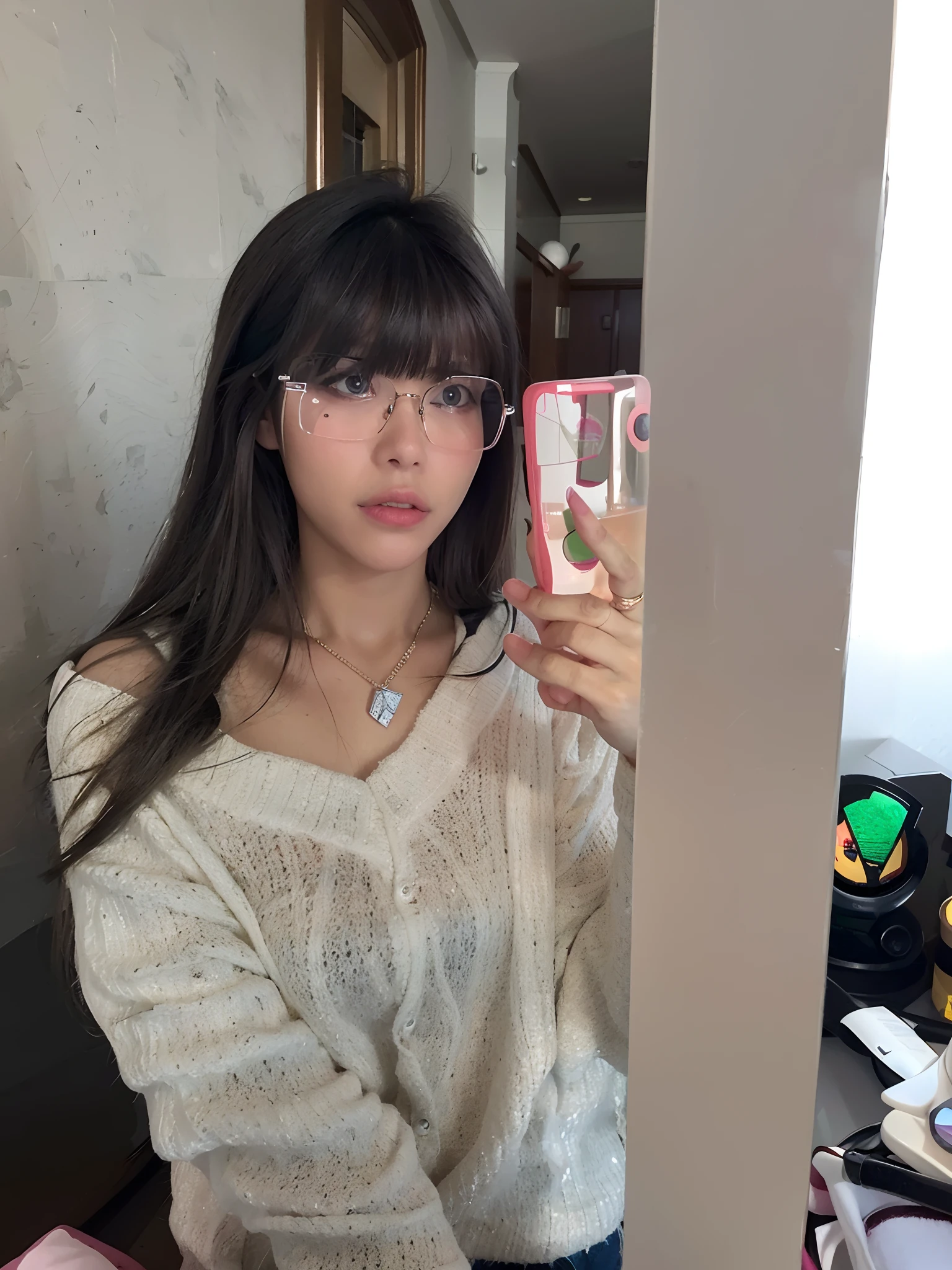 there is a woman taking a selfie in a mirror, with glasses, girl wearing round glasses, she wears harry potter glasses, thick glasses, girl with glasses, wearing thin large round glasses, big round glasses, spectacled, !!wearing modern glasses!!, large!!!!!! eyeglasses!!!, belle delphine, wavy long black hair and glasses, 18 years old