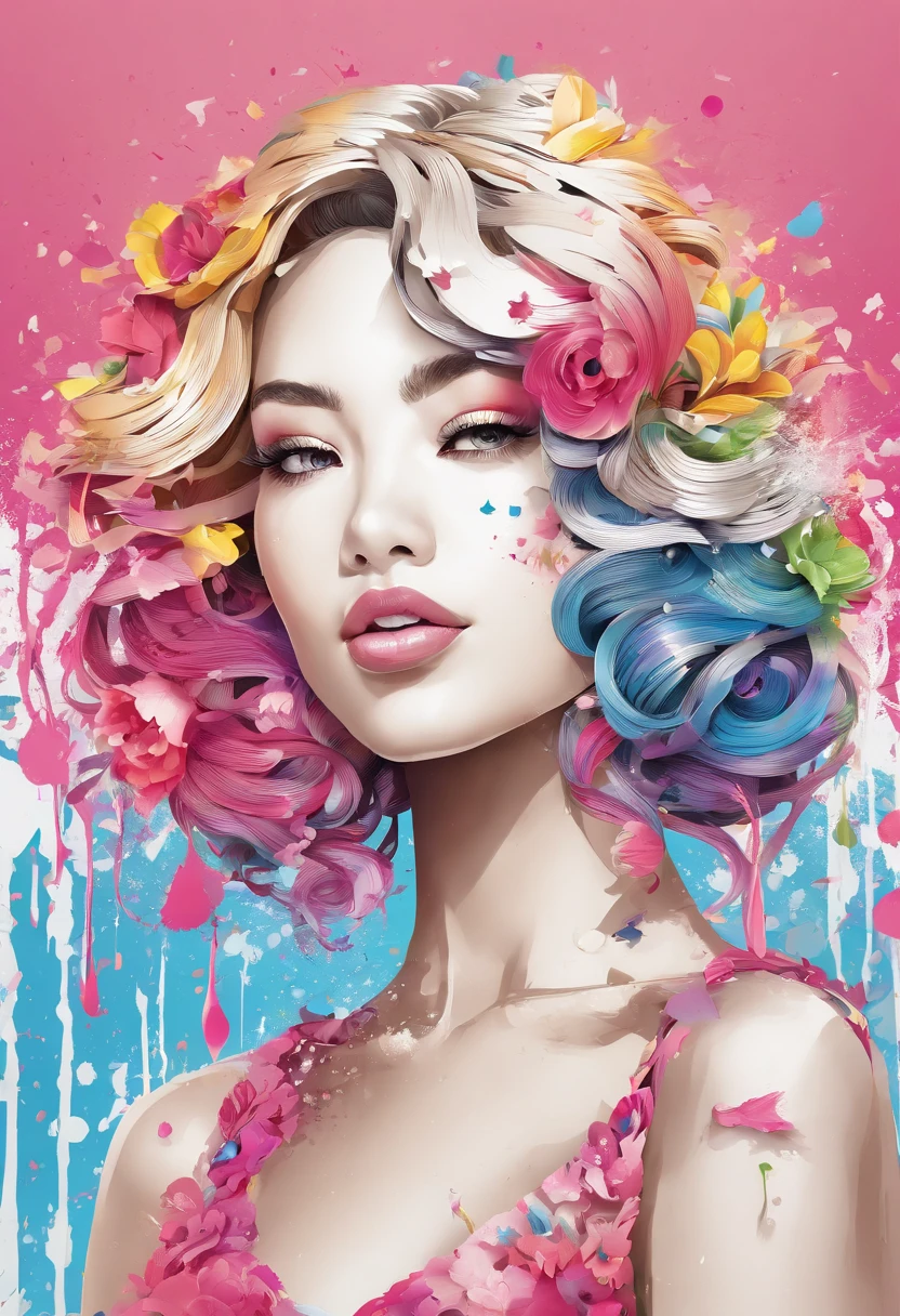 (Masterpiece, Best Quality, High Resolution), White Background, ((Paint Splash, Color Splash, Splash of Ink, Color Splash)), Sweet Chinese Girl, Rainbow Hair, Pink Lips, Front, Upper Body