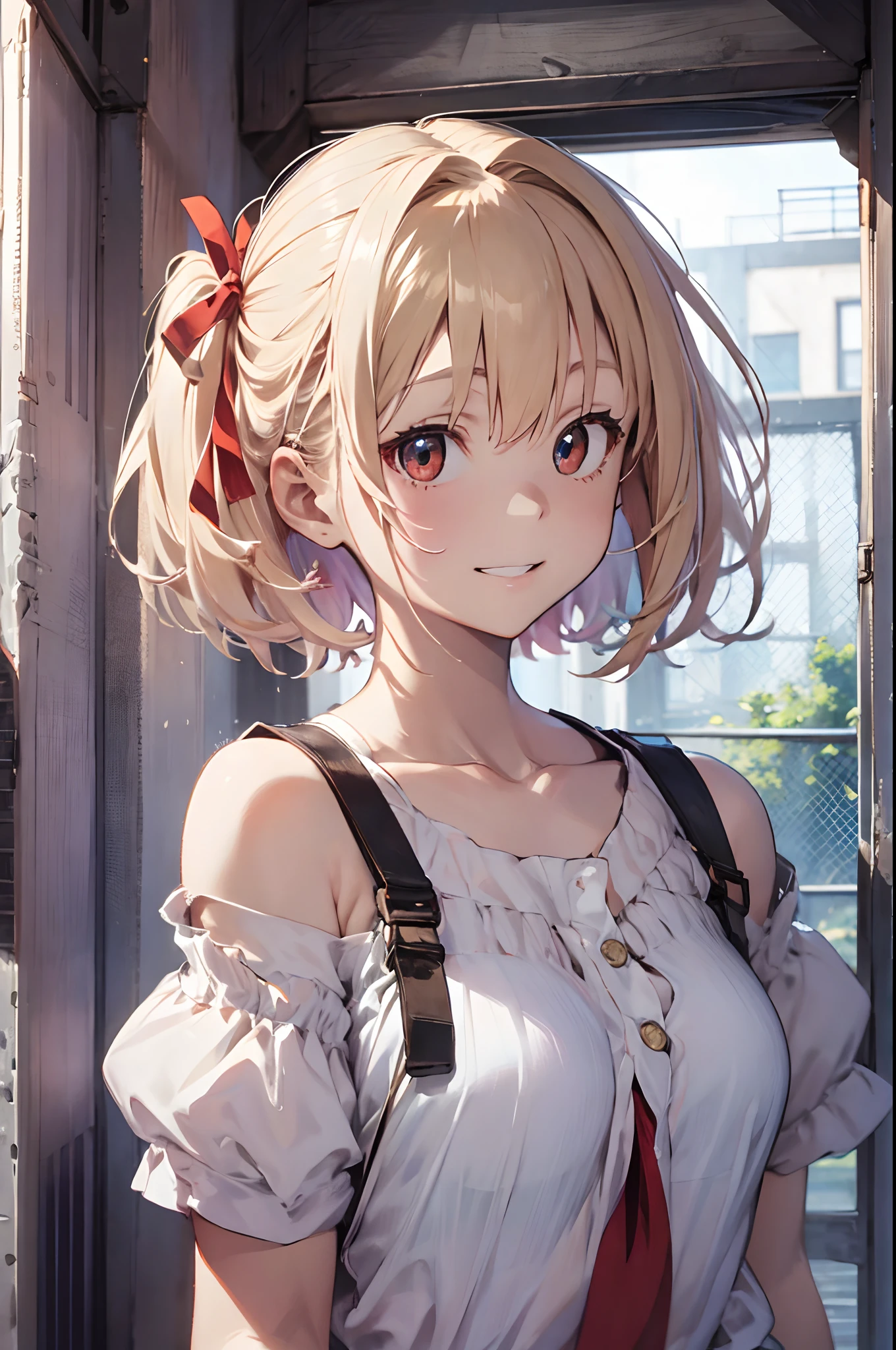 Chisatoniki, Chisato, Short hair, Bangs, Blonde hair, (Red Eyes:1.5), Hair Ribbon, One side up, bob cuts,
BREAK  shirt, Bare shoulders, Twin-tailed, 鎖骨, Hair Ribbon, White shirt, frilld, off shoulders, Red Ribbon, short twintails, off shoulder shirt, frill shirt,
BREAK outdoors, Grinning，
BREAK looking at viewer, BREAK (masutepiece:1.2), Best Quality, High resolution, Unity 8k壁纸, (Illustration:0.8), (Beautiful detailed eyes:1.6), extra detailed face, Perfect Lighting, extremely details CG, (Perfect hands, Perfect Anatomy),