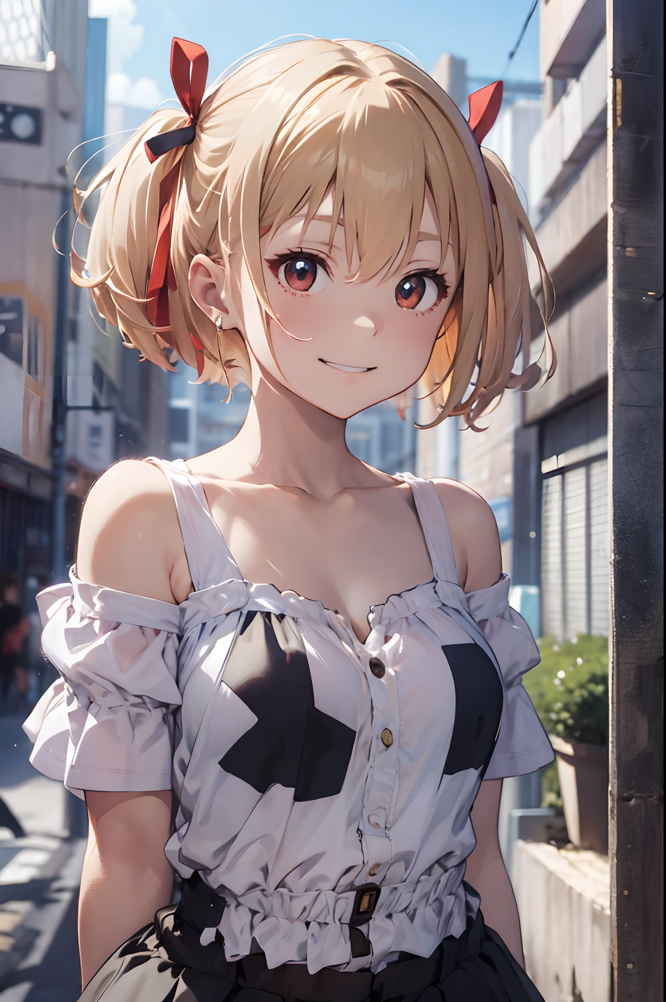 Chisatoniki, Chisato, Short hair, Bangs, Blonde hair, (Red Eyes:1.5), Hair Ribbon, One side up, bob cuts,
BREAK shirt, Bare shoulders, Twin-tailed, 鎖骨, Hair Ribbon, White shirt, frilld, off shoulders, Red Ribbon, short twintails, off shoulder shirt, frill shirt,
BREAK outdoors, Grinning,
BREAK looking at viewer, BREAK (masutepiece:1.2), Best Quality, High resolution, Unity 8k壁纸, (Illustration:0.8), (Beautiful detailed eyes:1.6), extra detailed face, Perfect Lighting, extremely details CG, (Perfect hands, Perfect Anatomy),