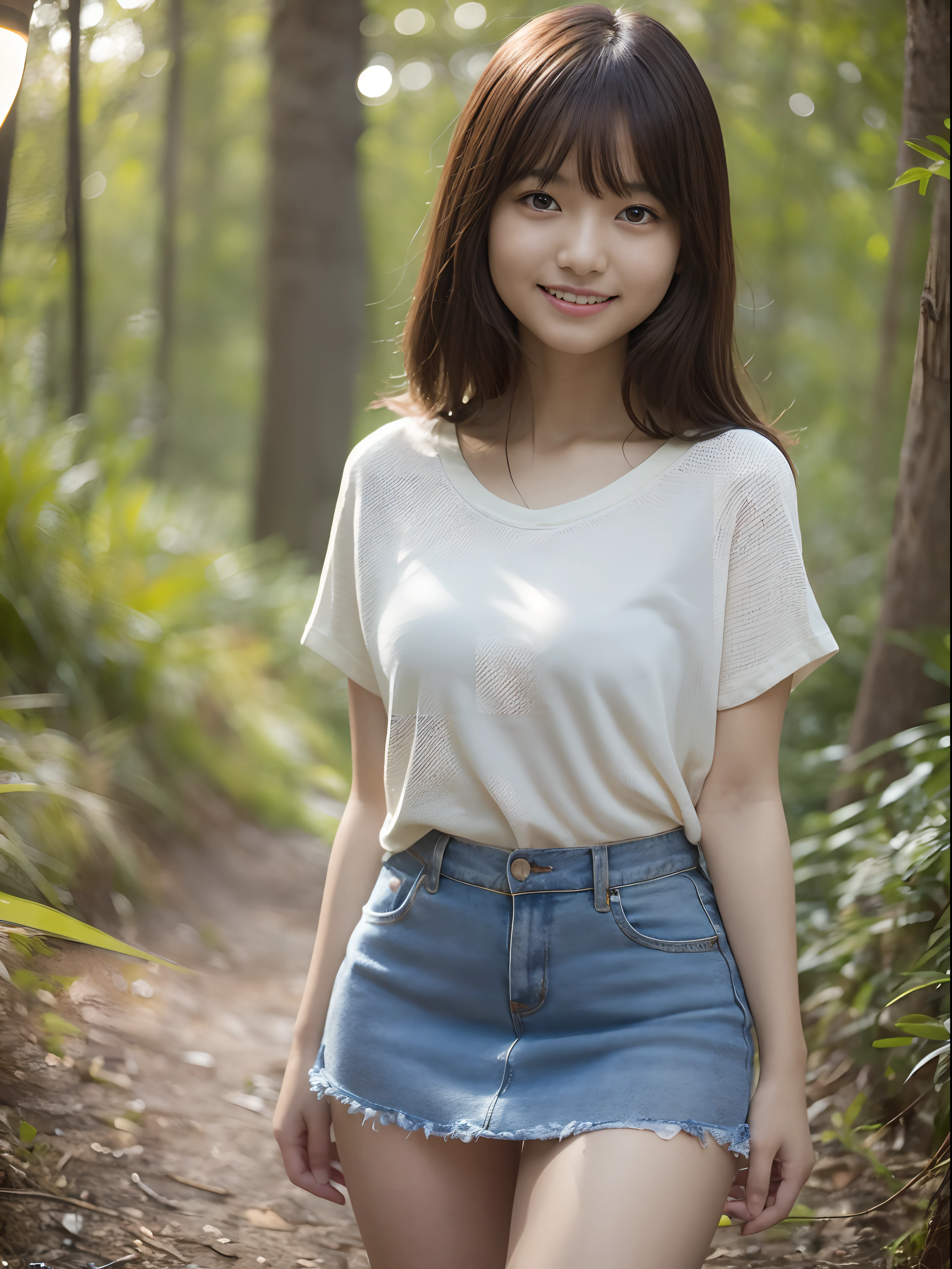 Women in Japan、Wear a thin shirt,In the forest,bare-legged,posing in the。 Happy smile、One lady、An 18-year-old woman
((top-quality、8K、masterpiece:1.3))、foco nítido:1.2、Highly detailed facial and skin texture、 A detailed eye、二重まぶた、tshirts、a miniskirt、Warm colors、Happy smile、Orange sunset