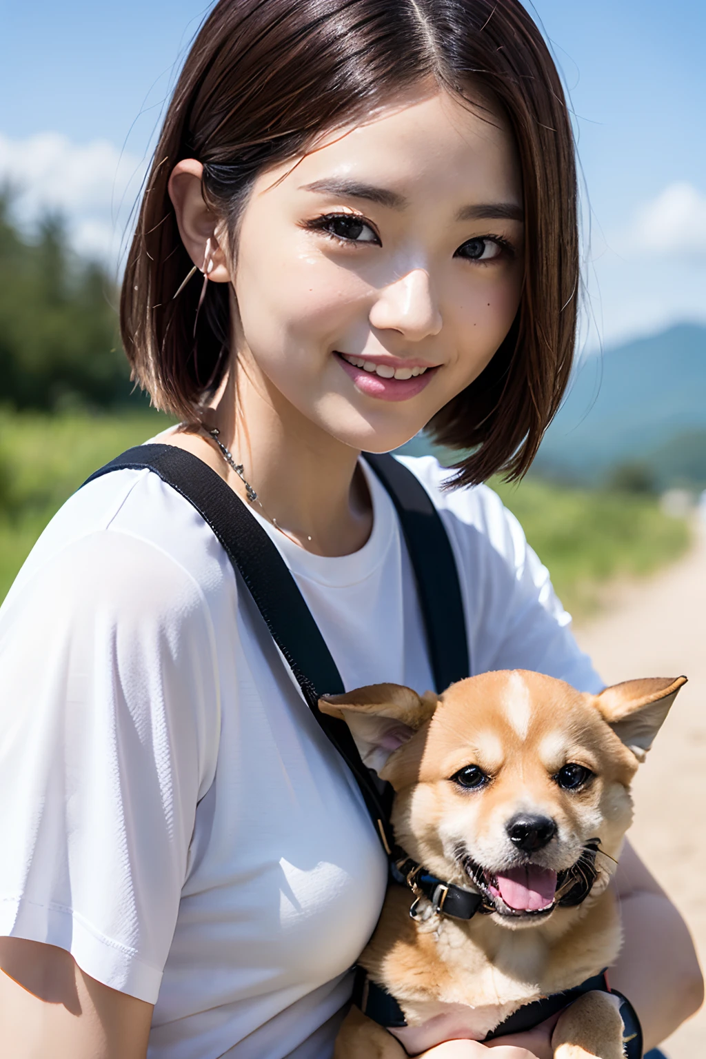 Flowing with crystal clear water,beautiful mountain in background々,(Girl taking a walk with a puppy:1.3),(Shiba dog:1.3),Have a lead,Very Big White T-Shirt,Cargo pants, gently smiling、(beautiful a girl)、(short hair of red-brown color、hair pin、poneyTail、Floating hair、)Colossal tits、A smile that beguiles the viewer、Look into the photographer、skin glistening with sweat、gazing at viewer,pointed red mouth,Perfect round face,,Proper body proportion,Intricate details,Very delicate and beautiful hair,photos realistic,Dreamy,Professional Lighting,realistic shadow,Beautiful hands,Beautiful fingers,Detailed finger features,Detailed arm functions,detailed clothes features,Detailed hair features,detailed facial features,(masutepiece,top-quality,Ultra-high resolution output image,) ,(The 8k quality,),(Image Mode Ultra HD,)