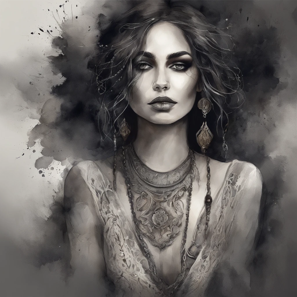 (melhor qualidade,Altas,ultra-detalhado),Dark and mysterious girl with black eyes and symbolic Gothic clothes,arame farpado cobrindo seu corpo,Cabelo castanho longo escuro,fios cinzentos nas extremidades,Retratos,foco nítido,profissional,Bokeh,dramatic lighting,paleta de cores escura e mal-humorada